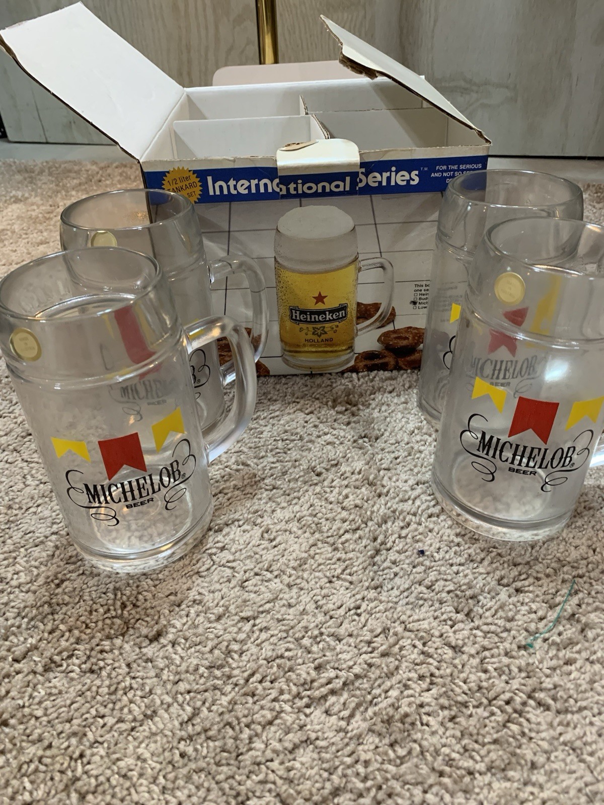 Vintage Michelob Beer Glass Mugs Steins Set of 4 NEW IN BOX 1-Liter NOS Stickers