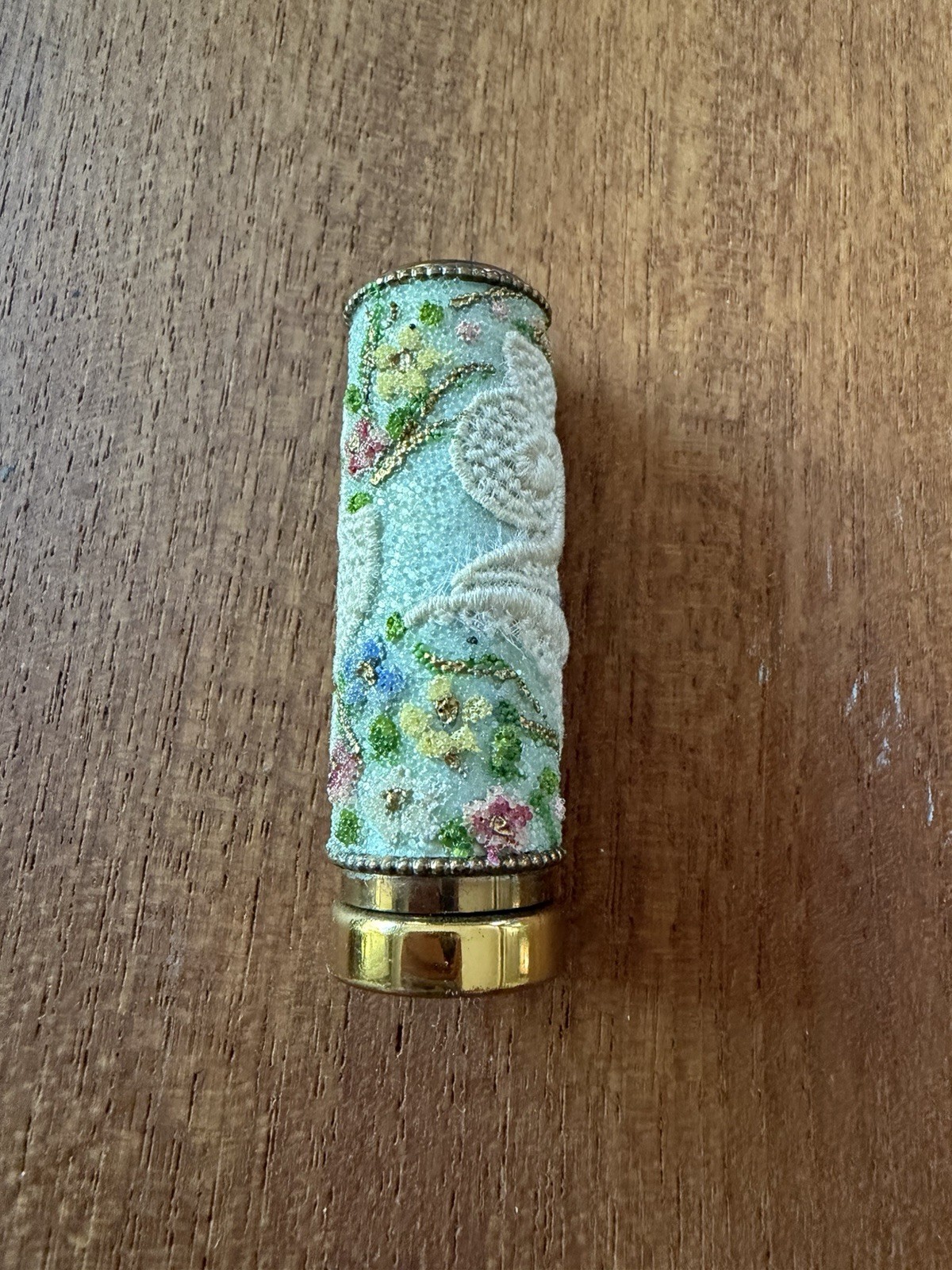 Vintage 1950-1960’s Light Blue Floral Embroidery/beaded Lipstick Tube