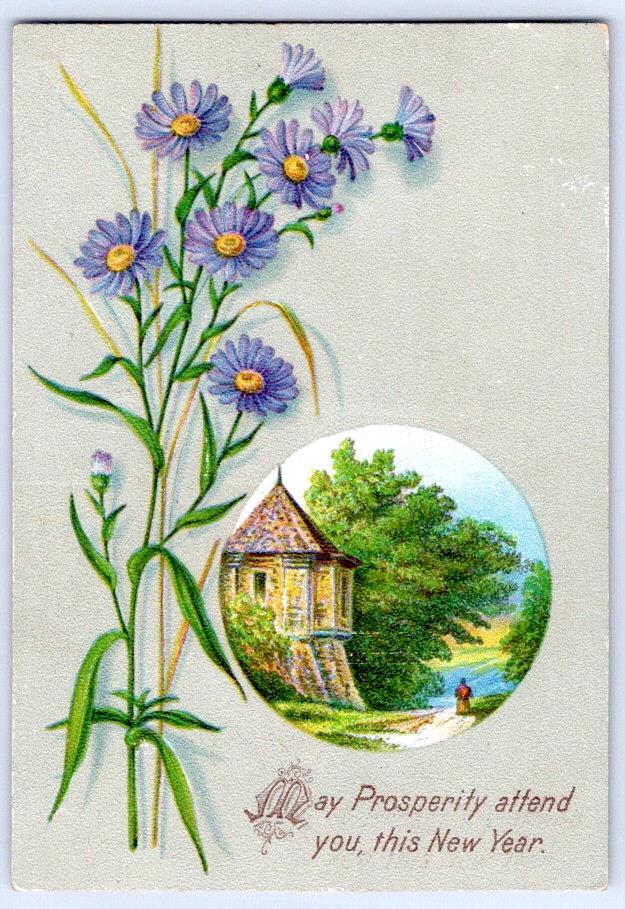 1880-90's VICTORIAN MAY PROSPERITY ATTEND YOU NEW YEAR GREETING CARD FLOWERS
