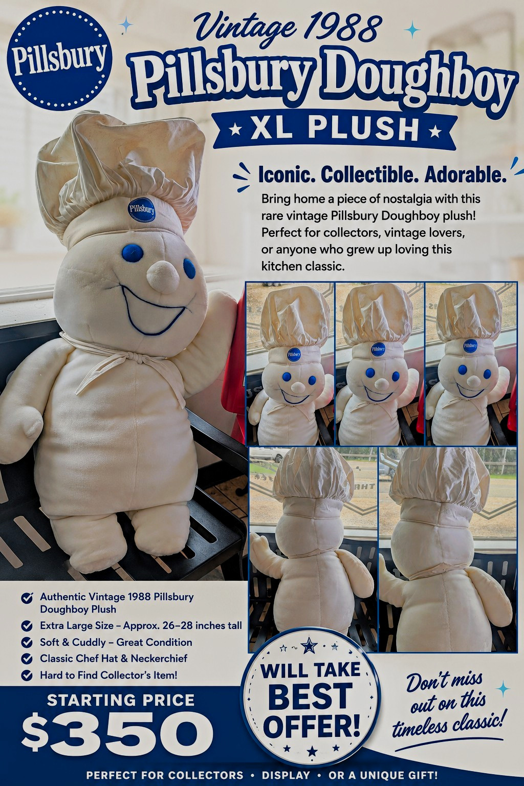 Pillsbury 1988 Doughboy XL Plush Advertising Doll White & Blue Original
