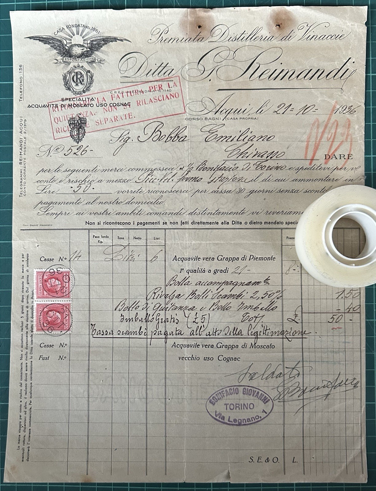 Rare Invoice Distillery Vinacce Company G.RAIMONDI-Acqui 1936