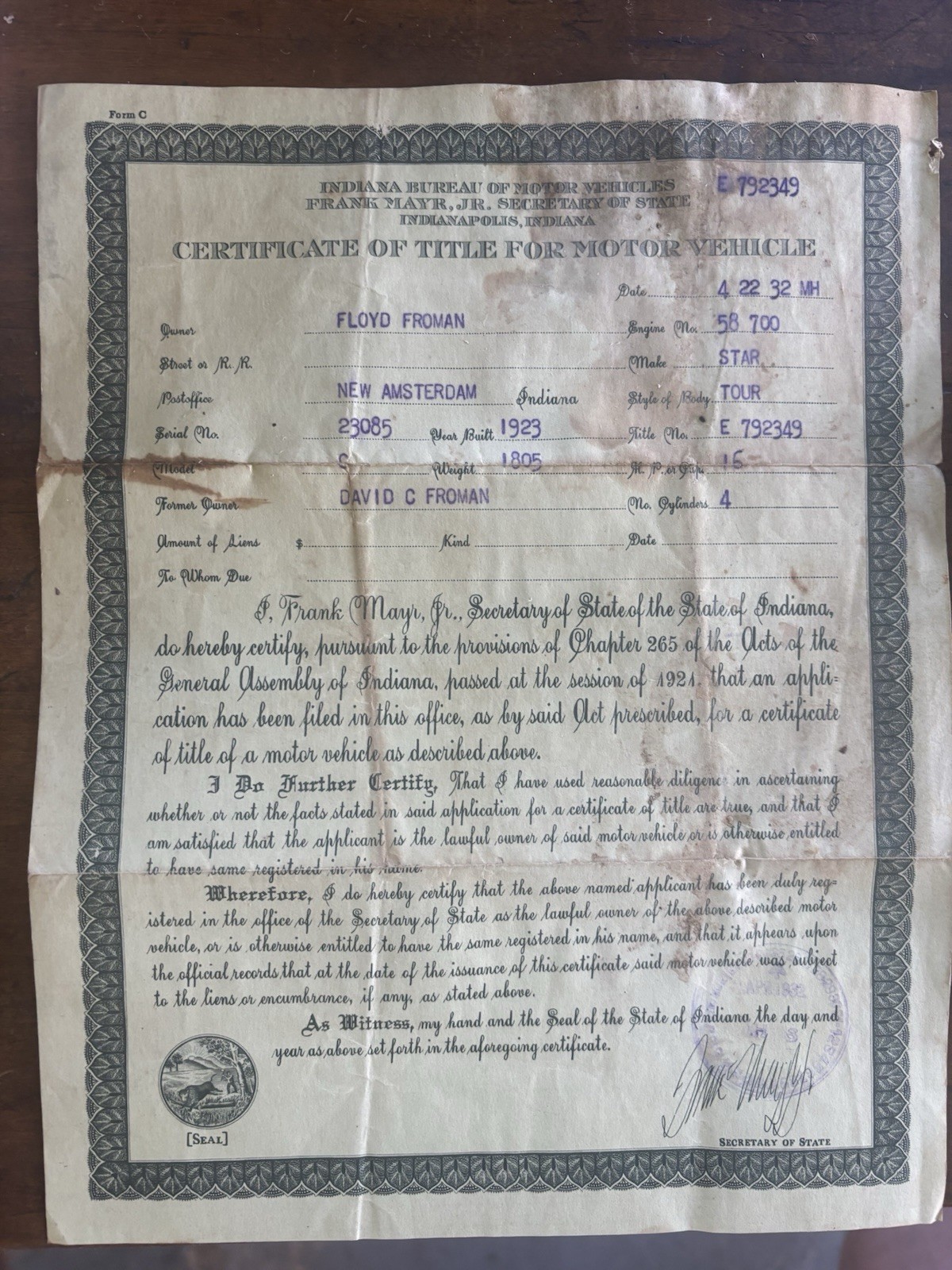 Original 1932 Indiana Motor Vehicle Title 1923 Star Touring Car Paper Document