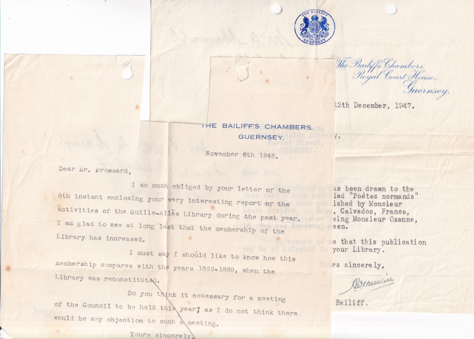 Guernsey Bailiff 2x Letters 1942 & 1947, Carey & Sherwill, Guille-Allès Library