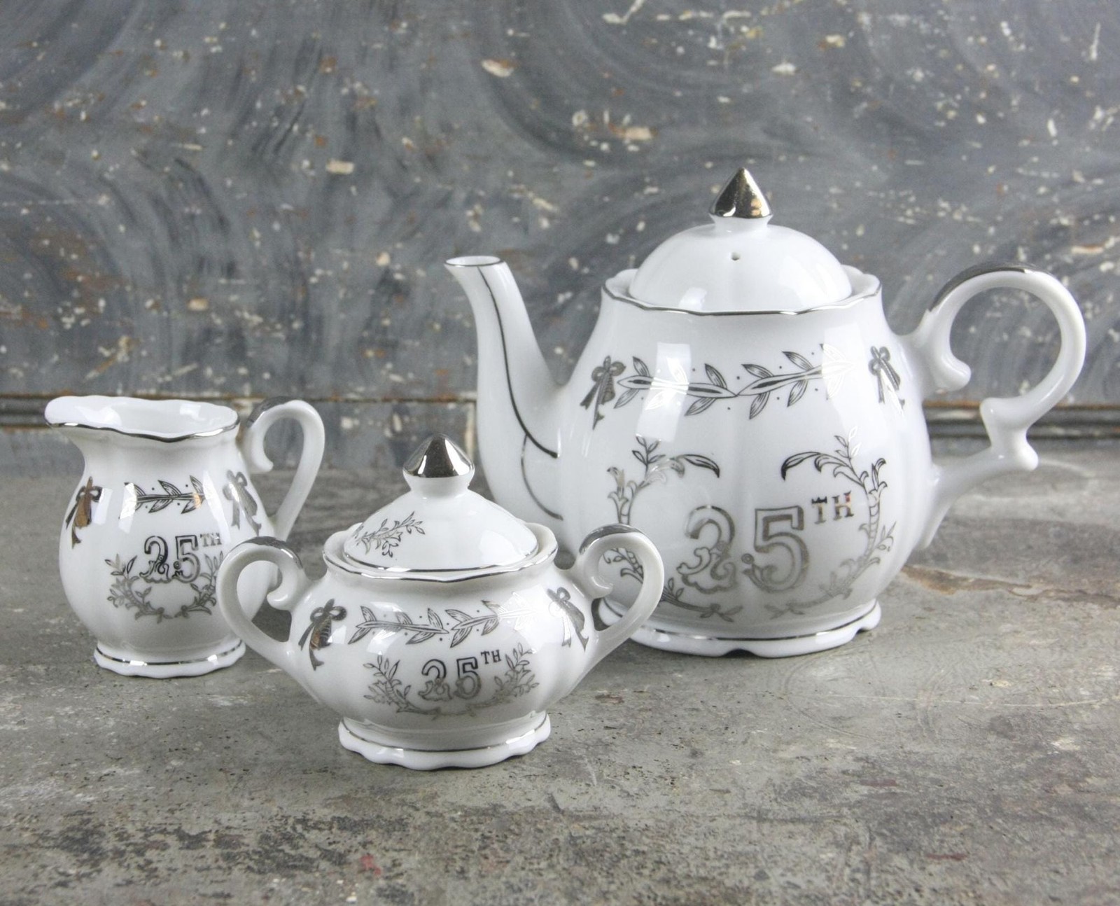 Lefton 25th Anniversary Teapot, Creamer, and Sugar Set, white and grey, vintage