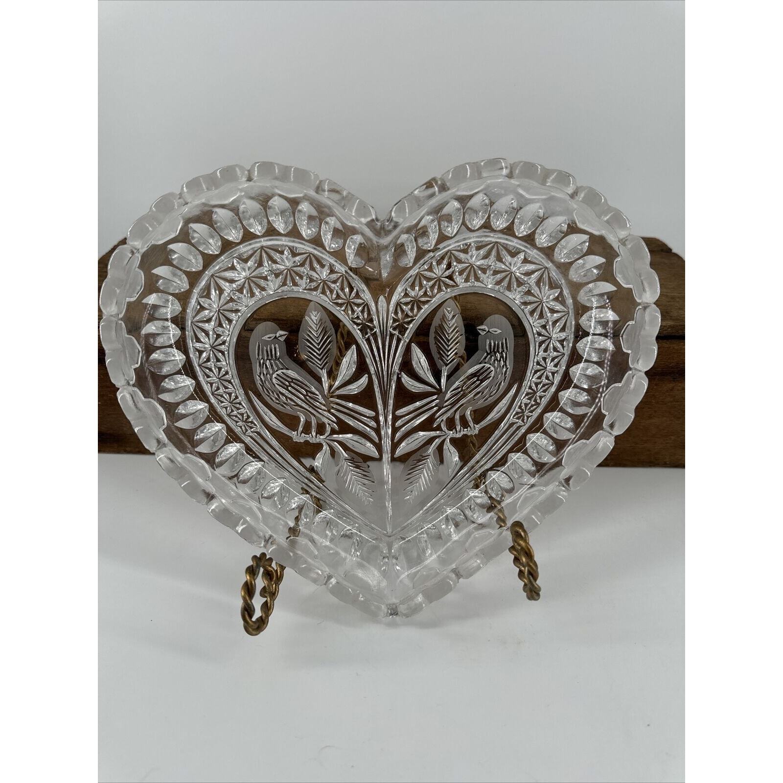 Hofbauer The Byrdes Crystal Collection Lead Crystal Heart Dish Birds Germany VTG
