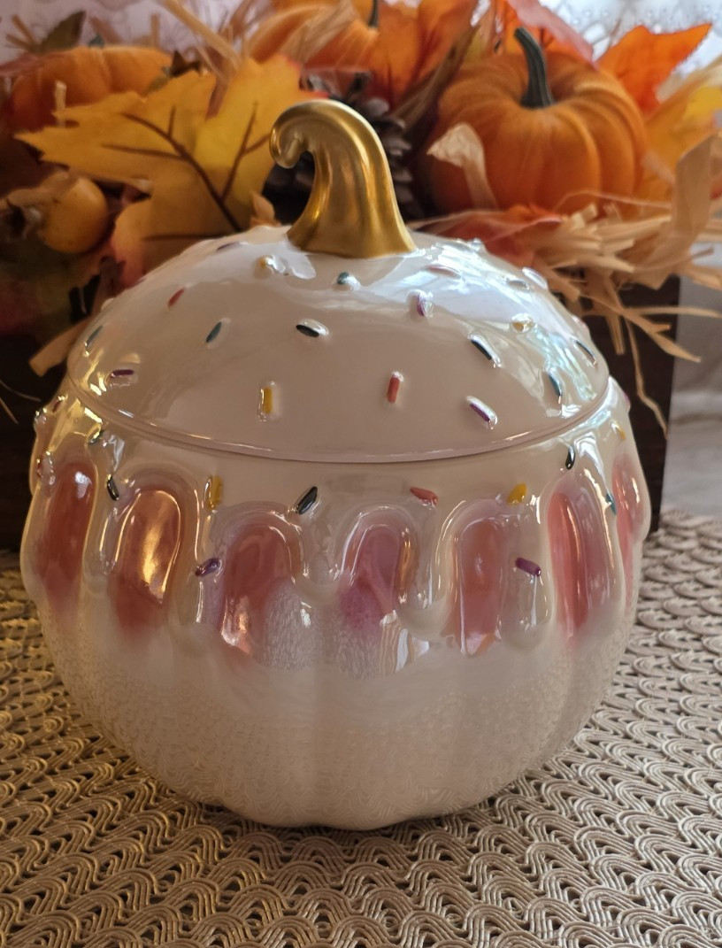 Pretty Pink and White Sprinkle Icing Pumpkin Storage Jar Pastel Halloween Decor Pretty Pink and White Sprinkle Icing Pumpkin Storage Jar Pastel Halloween Decor