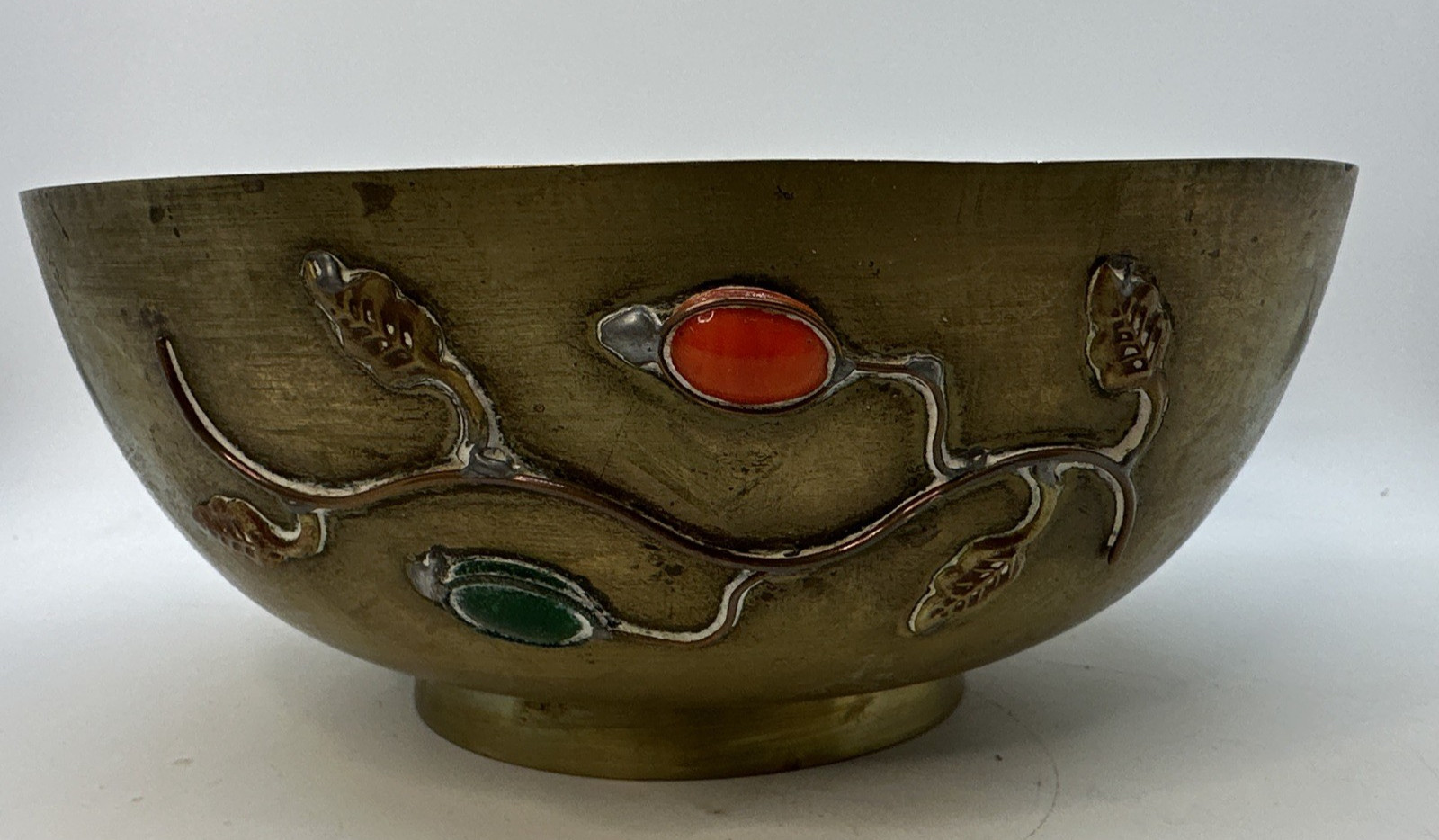 Brass Bowl with inlaid stones c.1930\'s Vintage Chinese 