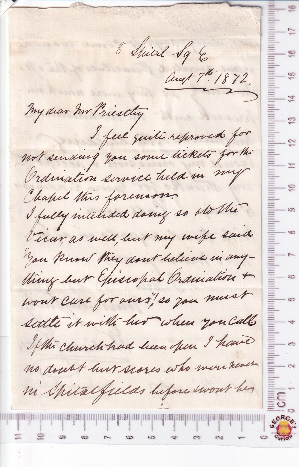 Fiji Wilson 1872 Wesleyan Spitalfields letter to Rev Priestley ordination ticket
