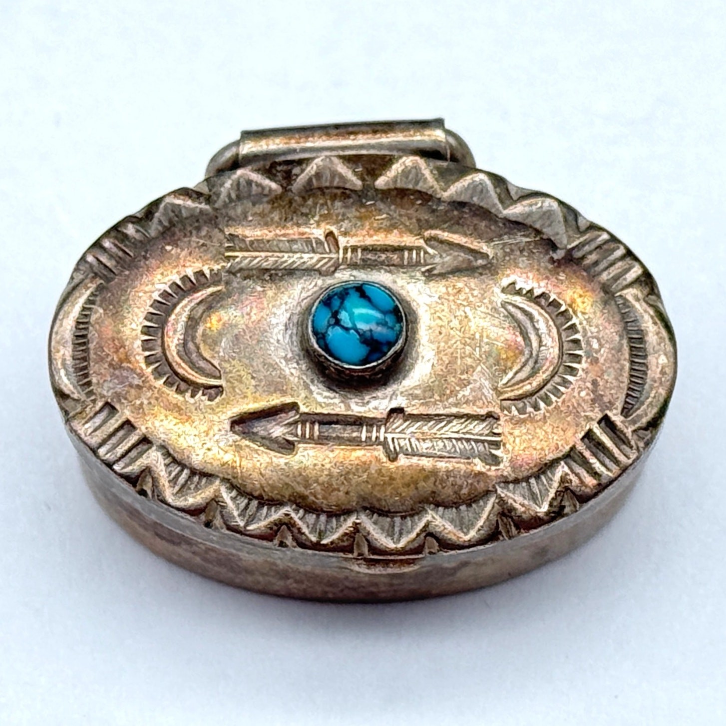 Petite Vintage Hopi Morris Robinson Turquoise Arrow Hand Stampwork Silver Box
