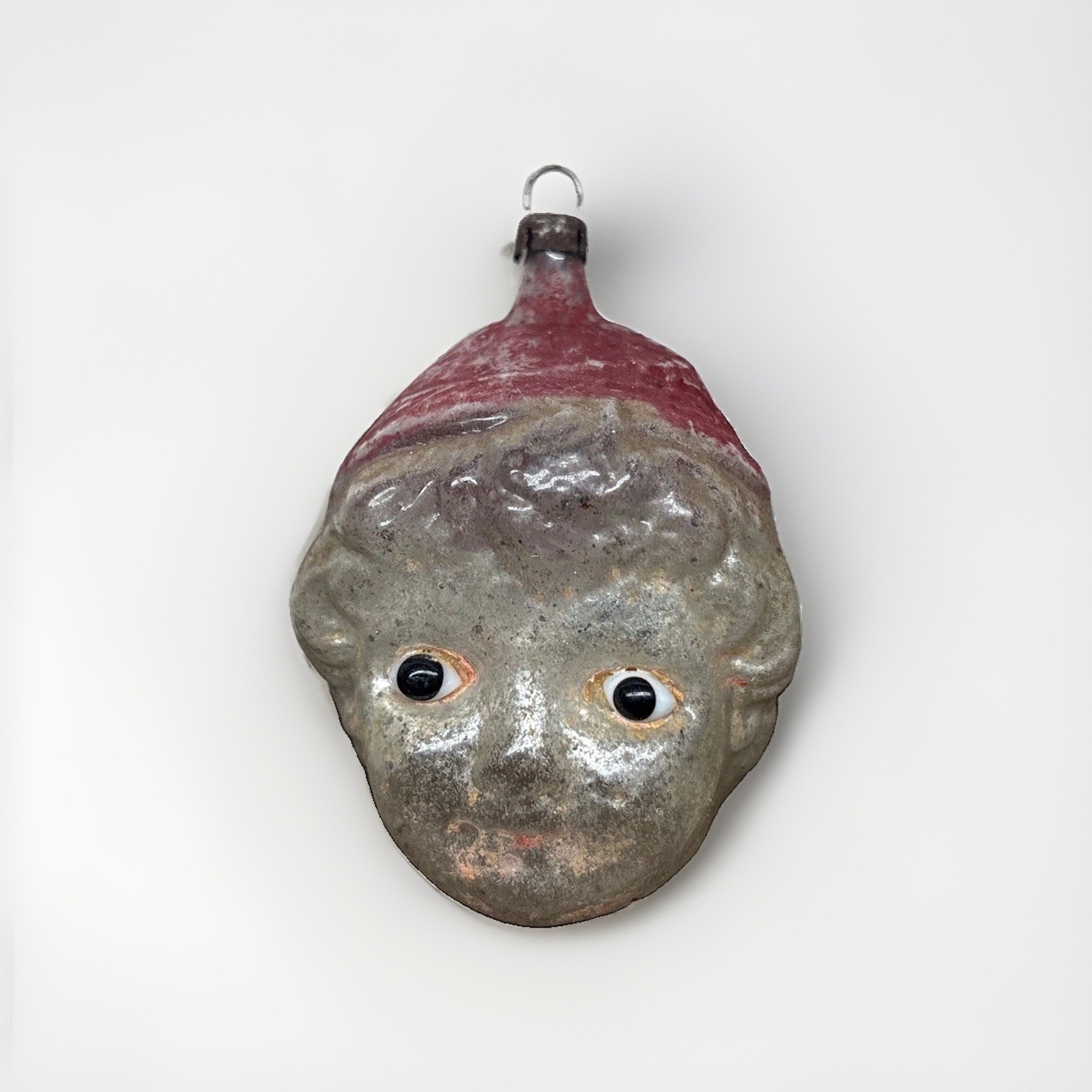 Antique Early 20th c German Glass Baby Head Christmas Ornament w/Milk Glass Eyes
