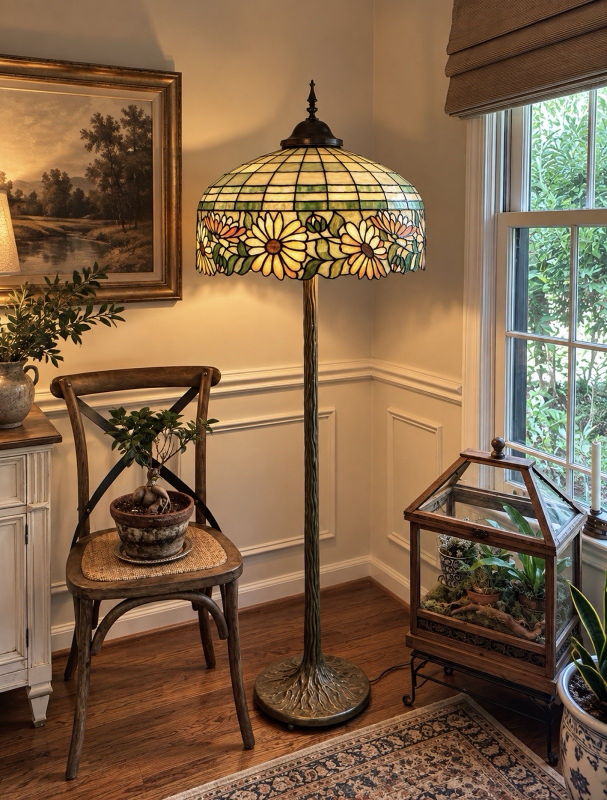 Vintage Dale Tiffany Stained-Glass Floral Floor Lamp – Monumental 24” Shade