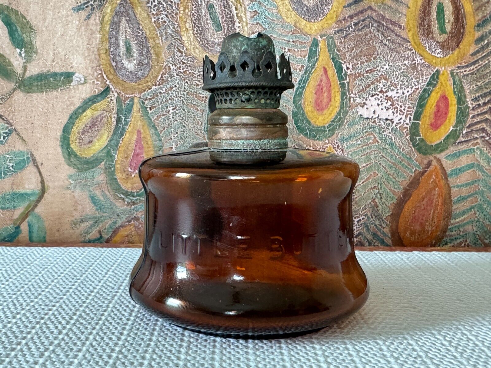 Antique Miniature Pearl Amber Little Buttercup Glass Oil Lamp