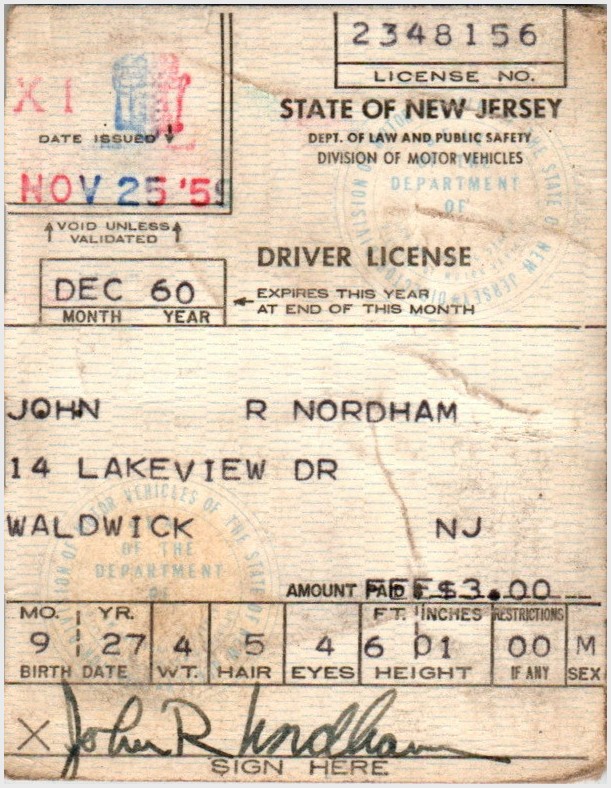 1959 New Jersey Driver License Nordham Waldwick Bergen County Motor Vehicle