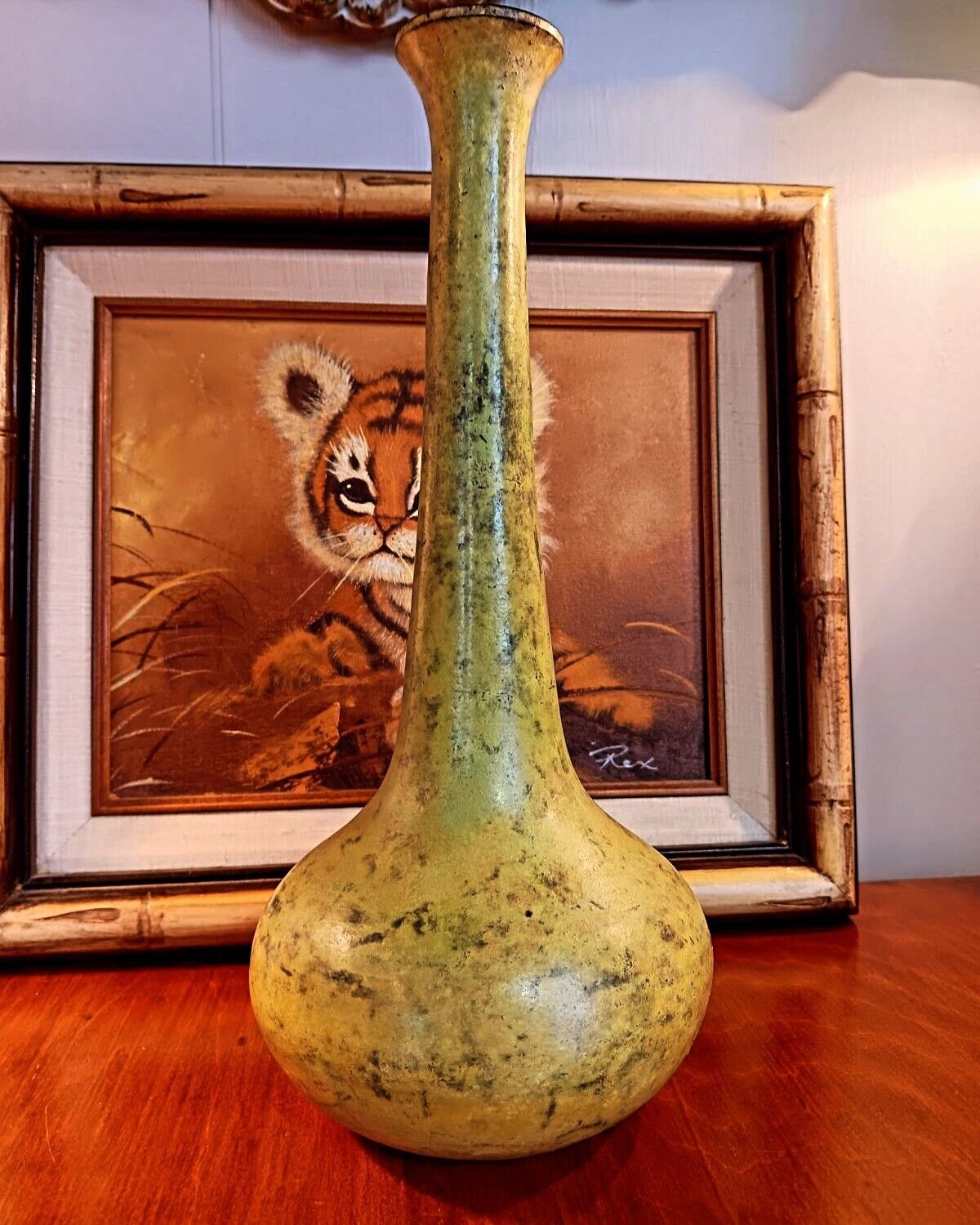 Mid Century Modern India Vase Metal Bronze Patinated Verdigris Green 11.5”