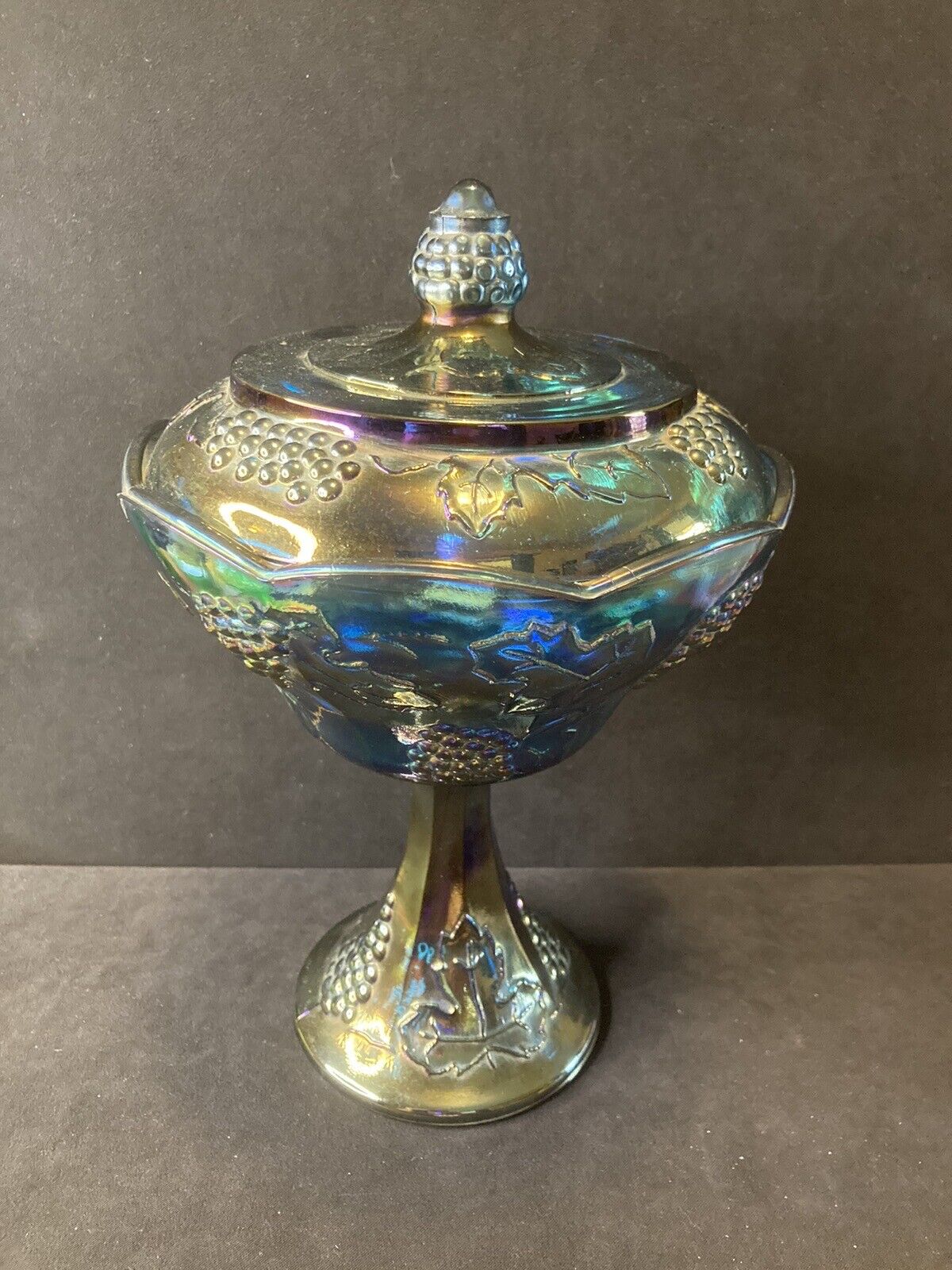 Carnival Glass Blue Amethyst Covered Compote By Indiana Glass Grapes And Leaves