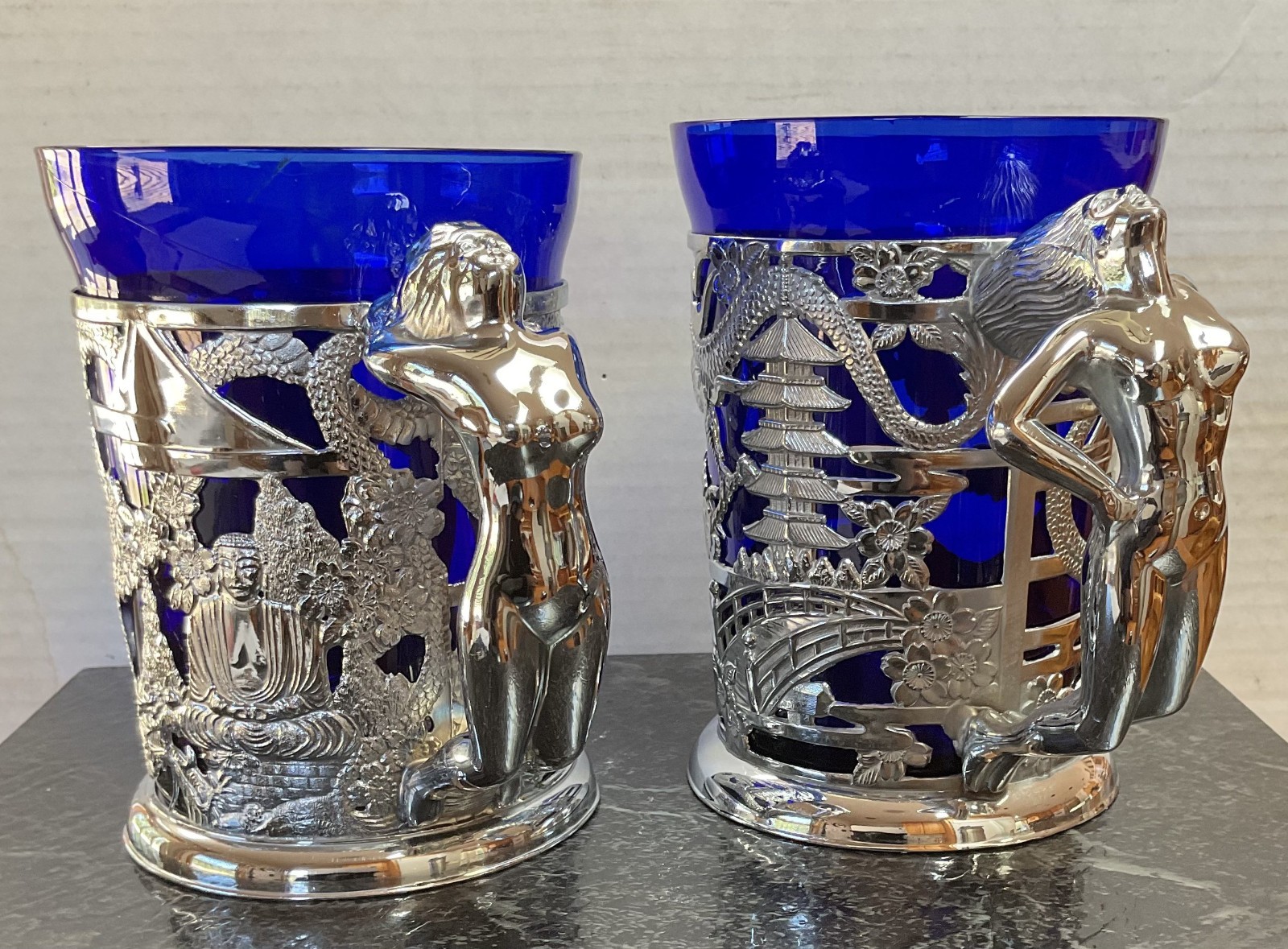 Vintage Japanese Cobalt Blue Glass Tankards Nude Lady Handles Set of 2