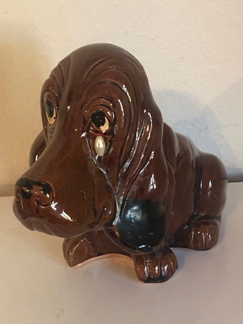 Vintage Enesco Basset Hound Dog / Puppy Planter With Pearl Tear