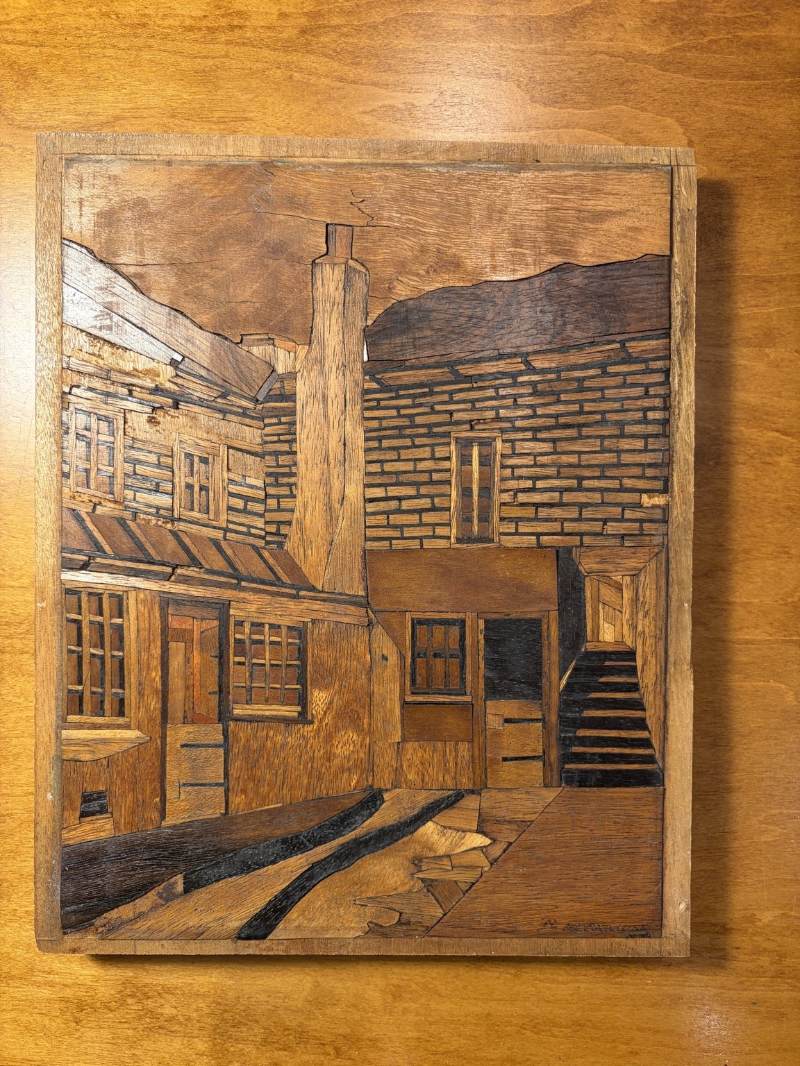 Vintage Wood Marquetry Courtyard Street Scene Inlay Panel Wall Art 8x10