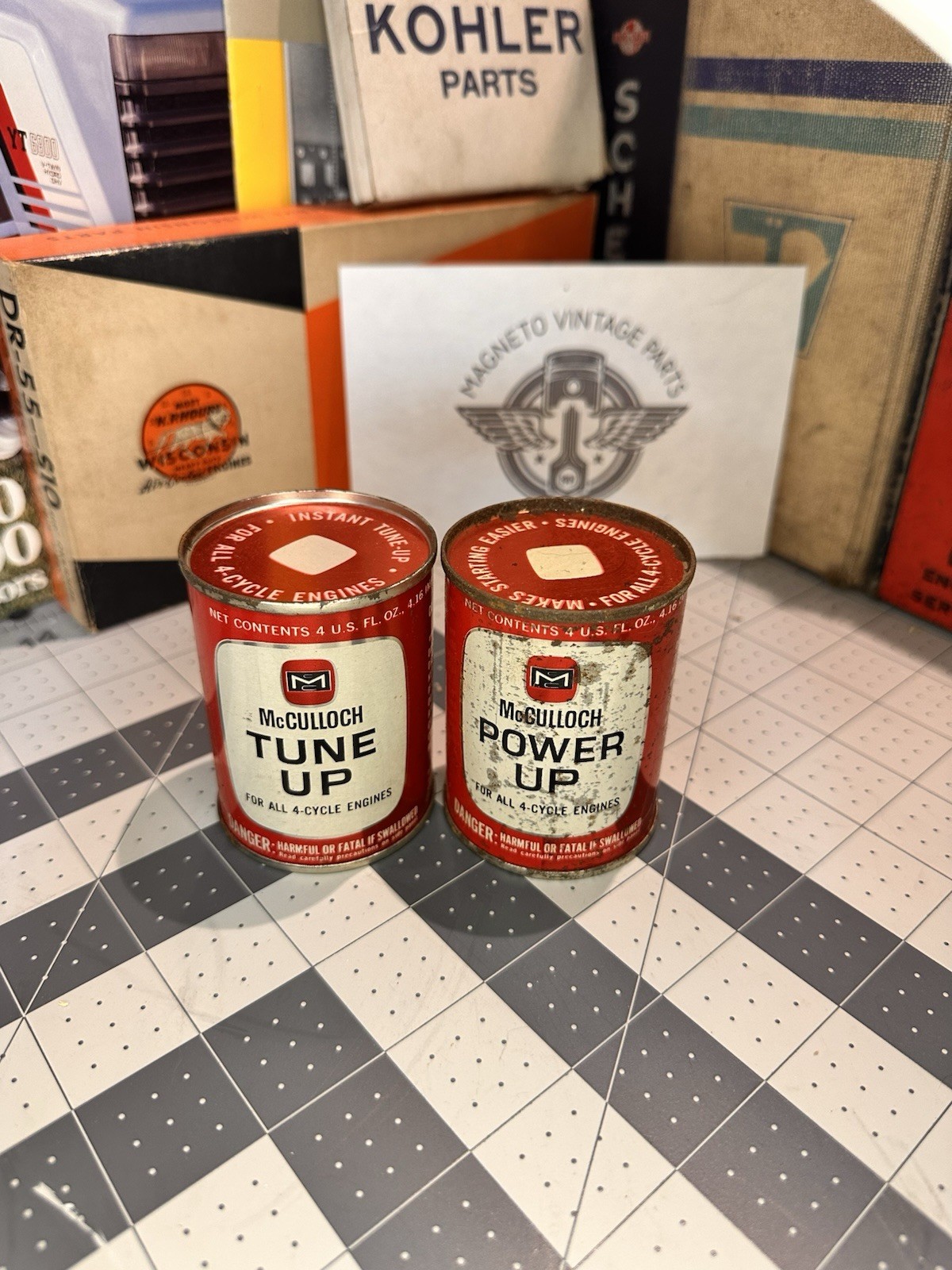NOS Vintage McCulloch “Tune Up” And “Power Up”  Oil cans Sealed With Contents