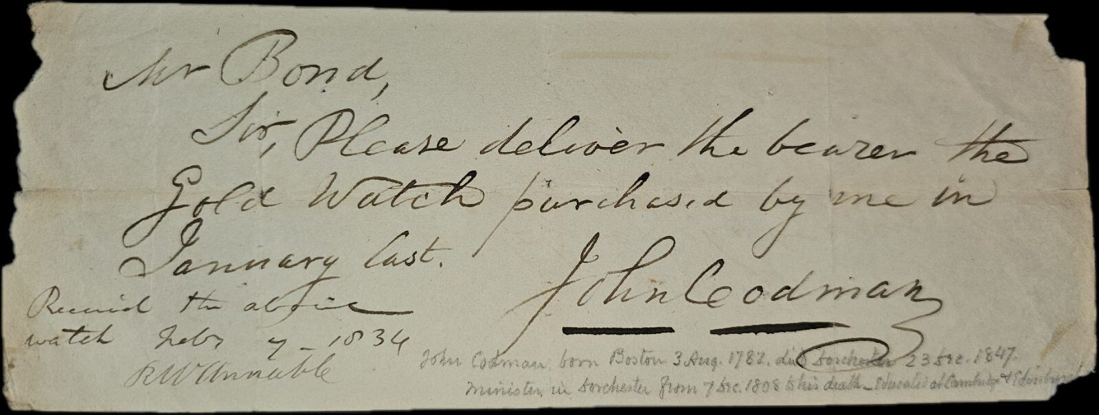 1834 John Codman to William Cranch Bond, Early 19th Century Boston Watchmaker