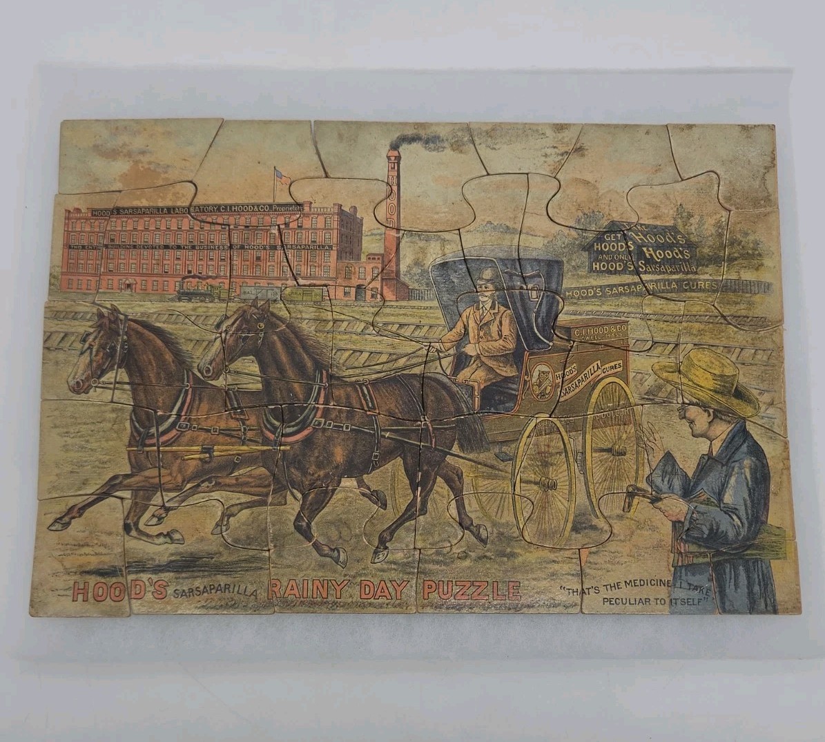 Antique 1891 Hood\'s Sarsaparilla Double Sided Rainy Day & Balloon Jigsaw Puzzle