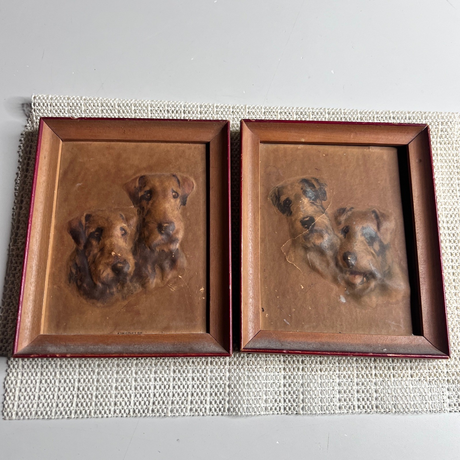Vintage Atlas Embossed Picture Co 3D Airedale Terrier Dog Art Pair Wood Frames