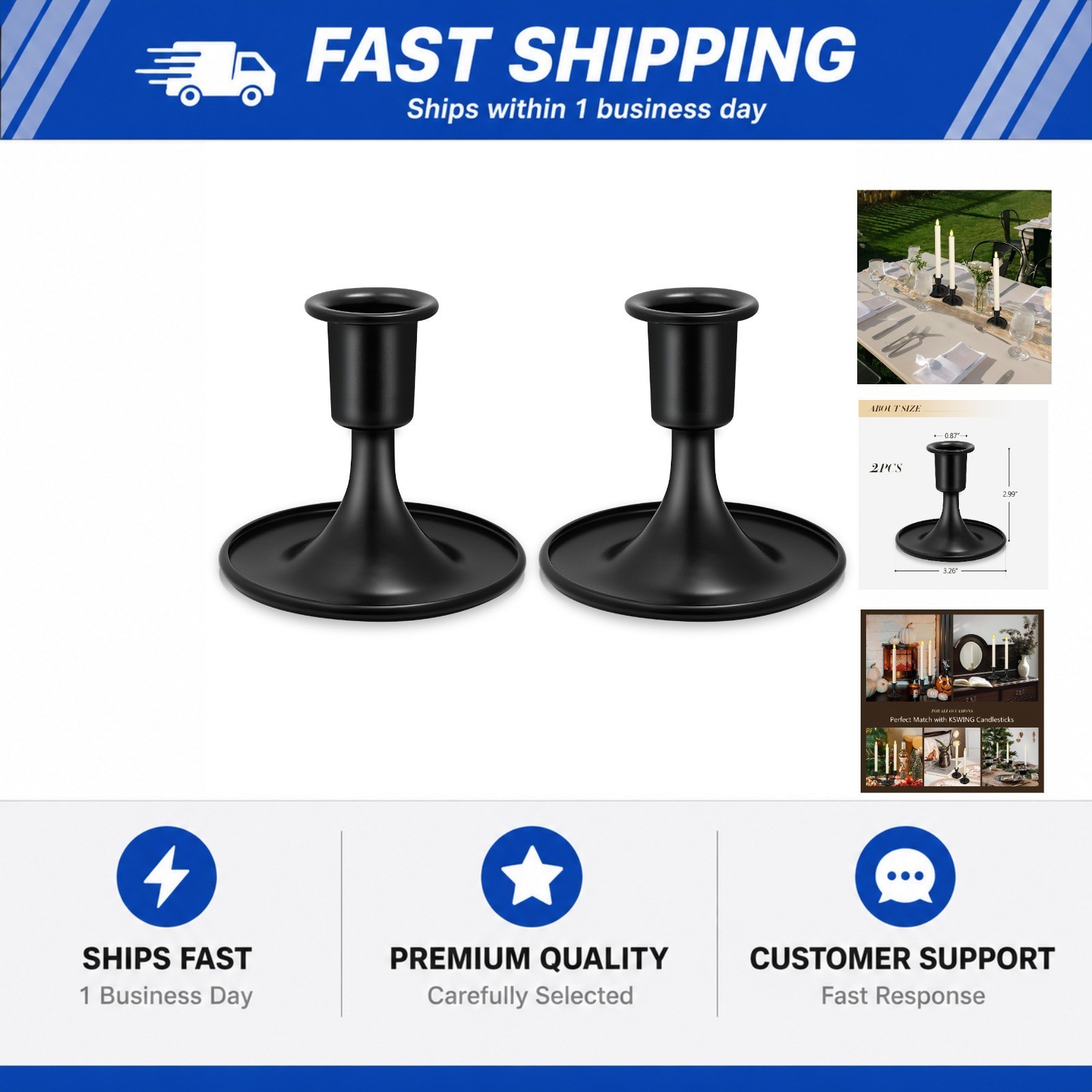 Candlestick Holders 2 PCS Short Metal Taper Candle Holders, KSWING Black Candle