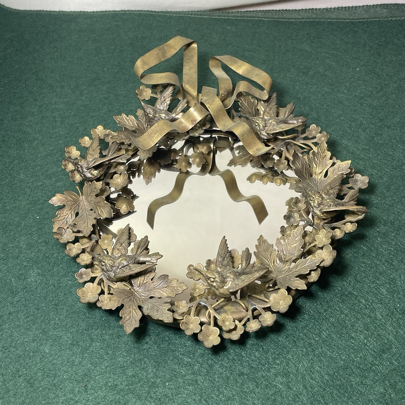Vintage Petites Brass Floral Hummingbird Wreath Mirror With Bow Dresden Small 7\
