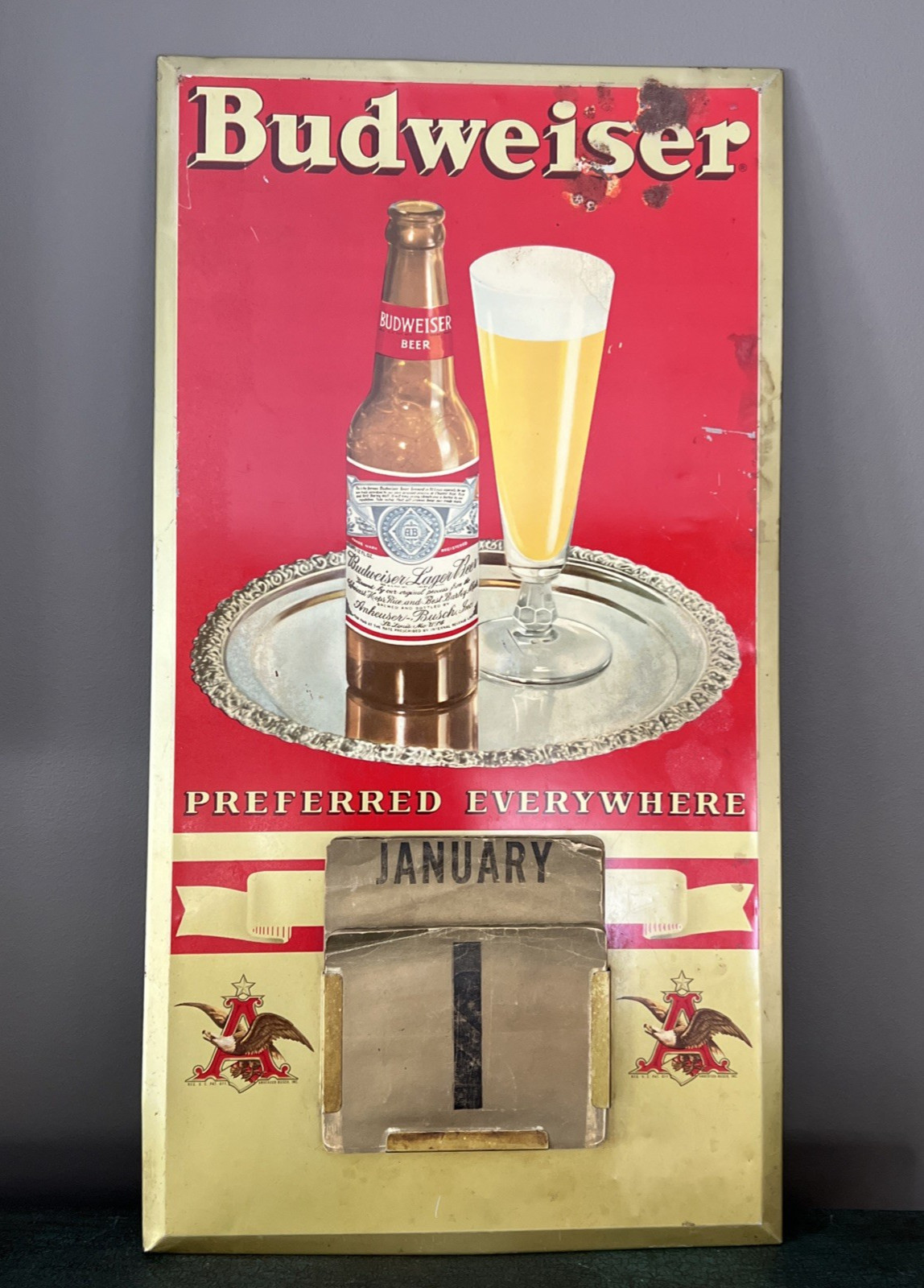 VINTAGE TIN OVER CARDBOARD BUDWEISER BEER PERPETUAL CALENDAR SIGN / COMPLETE VINTAGE TIN OVER CARDBOARD BUDWEISER BEER PERPETUAL CALENDAR SIGN / COMPLETE