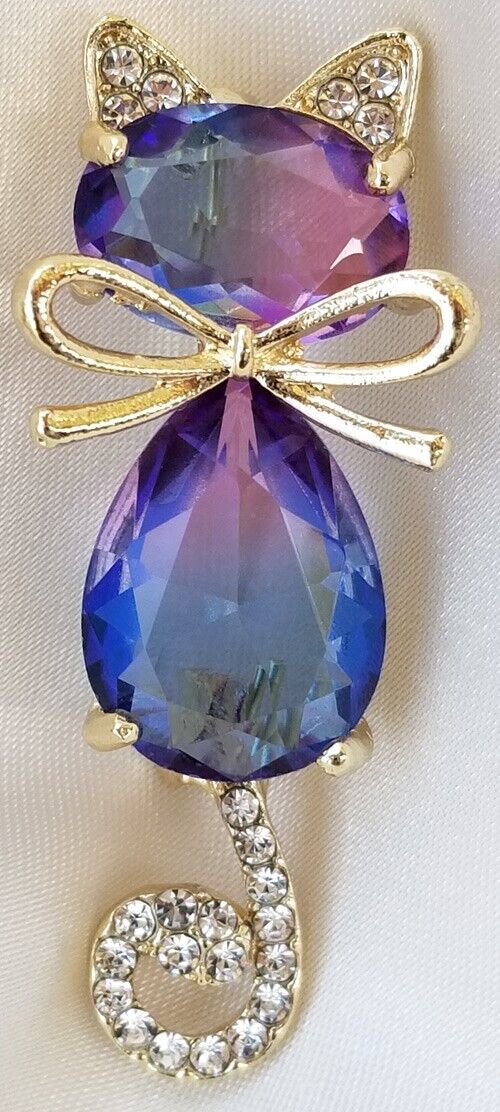 Cat Brooch Pin, Crystal Rhinestone Gradient Blue Pink on Gold Metal Animal Theme