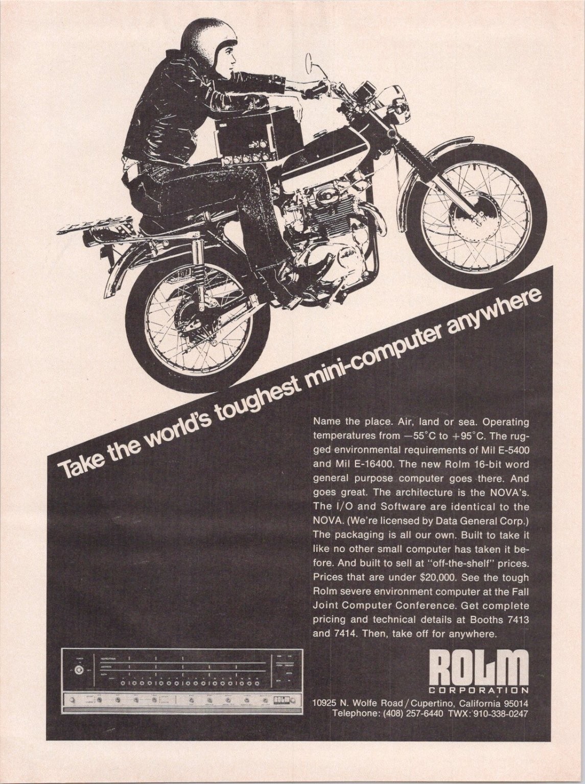 ROLM Mini-Computer Vintage Print Ad 1960s Motorcycle BW Original ROLM Mini-Computer Vintage Print Ad 1960s Motorcycle BW Original
