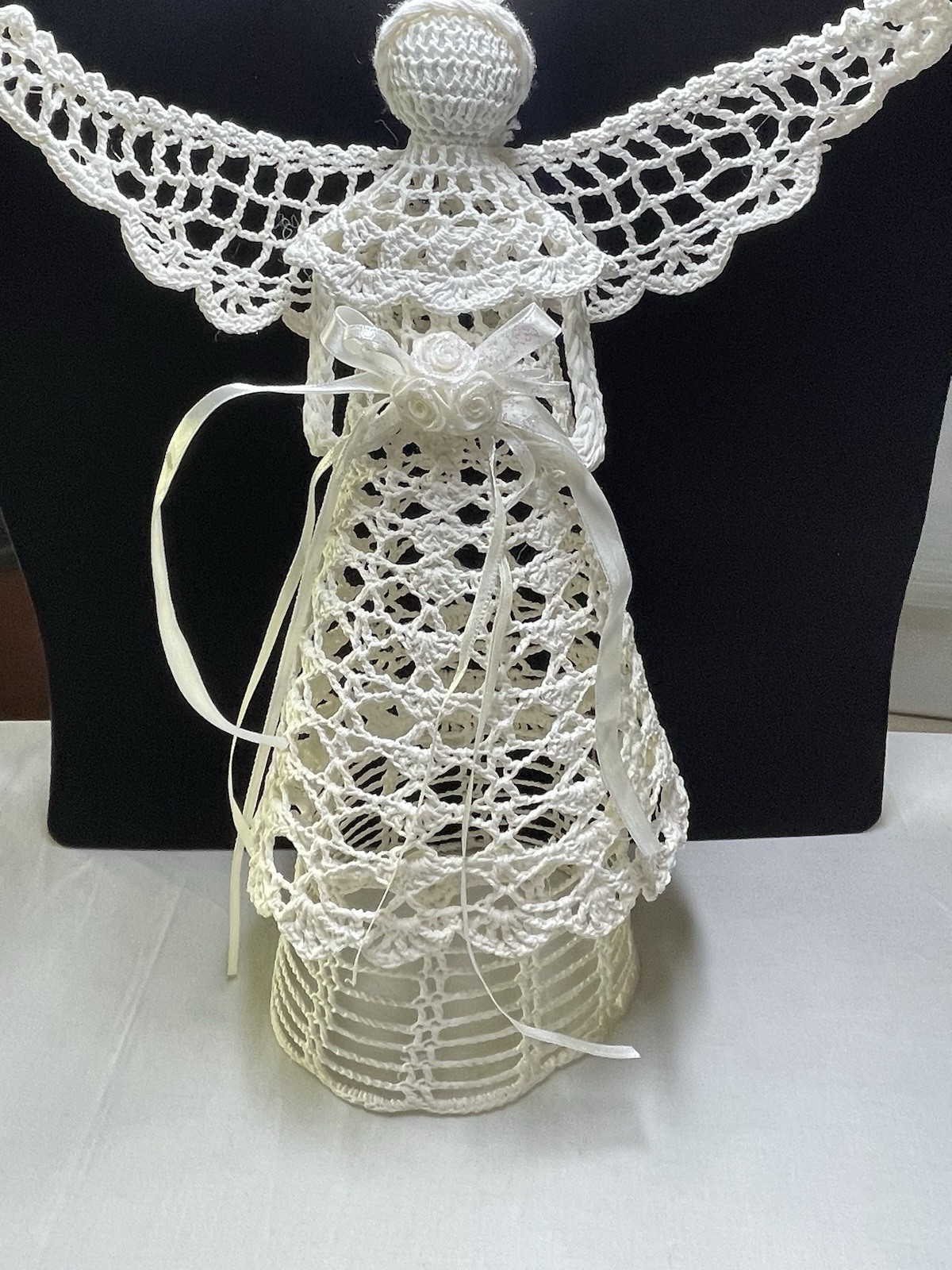 Vintage 1990s Large 13” Crochet Mache Starched Angel Tree Topper or Centerpiece Vintage 1990s Large 13” Crochet Mache Starched Angel Tree Topper or Centerpiece