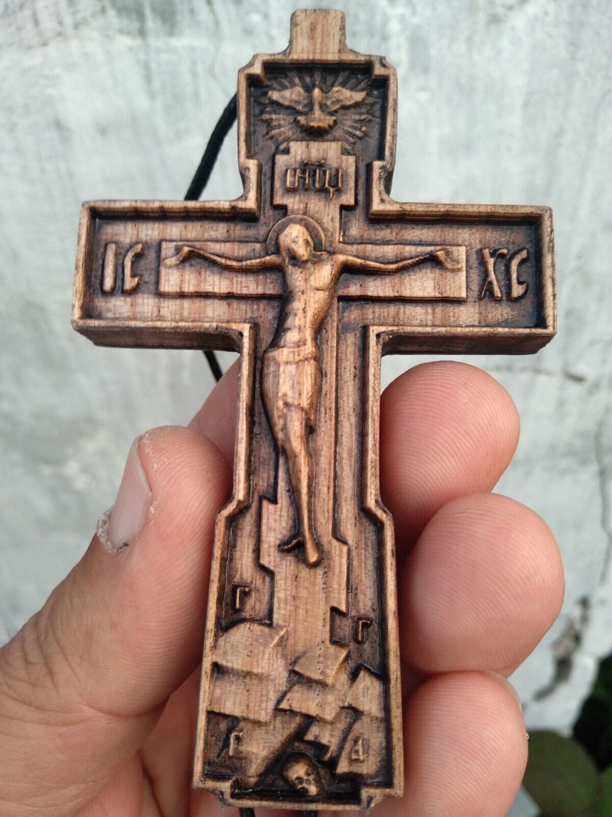 Pectoral wood Cross wood carved crucifix 4 inches. Jesus Christ