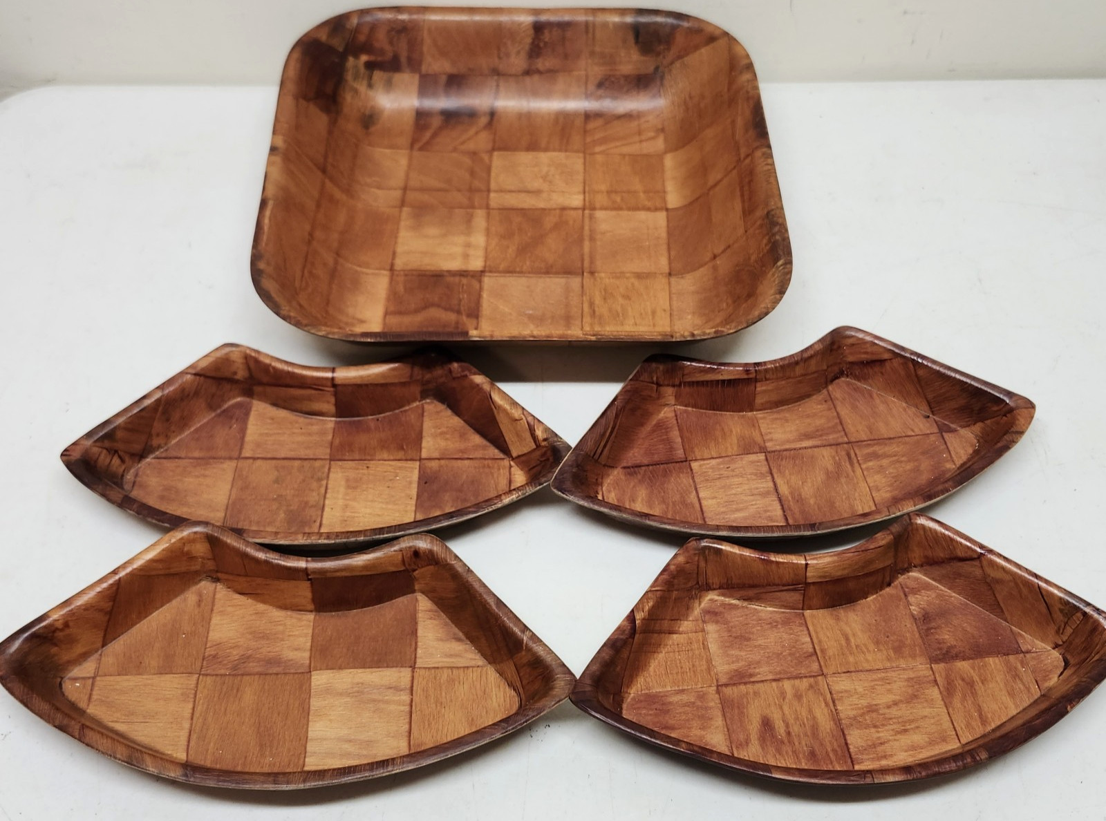 Parquet Woven Wood Salad & Serving Bowl 5pc Set VTG MCM 70s 