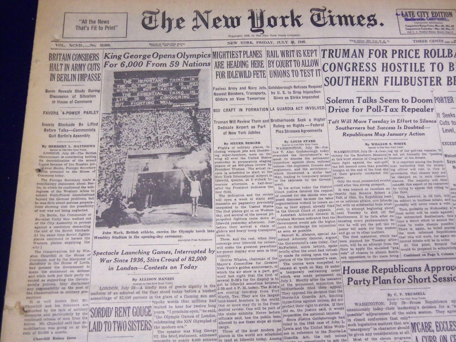1948 JULY 30 NEW YORK TIMES - KING GEORGE OPENS OLYMPICS - NT 3763