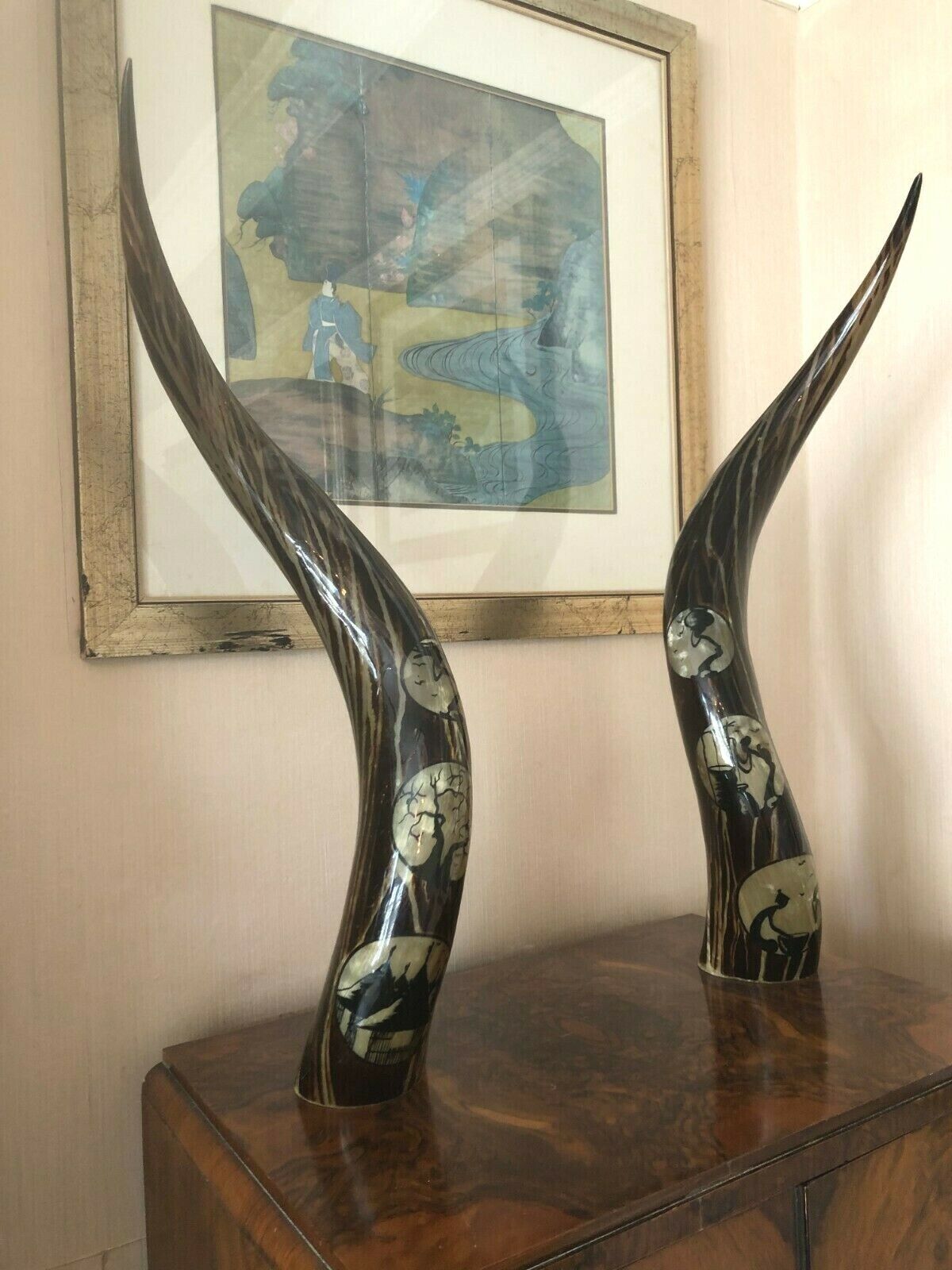 Very Large Pair of Polished/Painted Cow Horns Controlling Lights. Signed C. Gaye