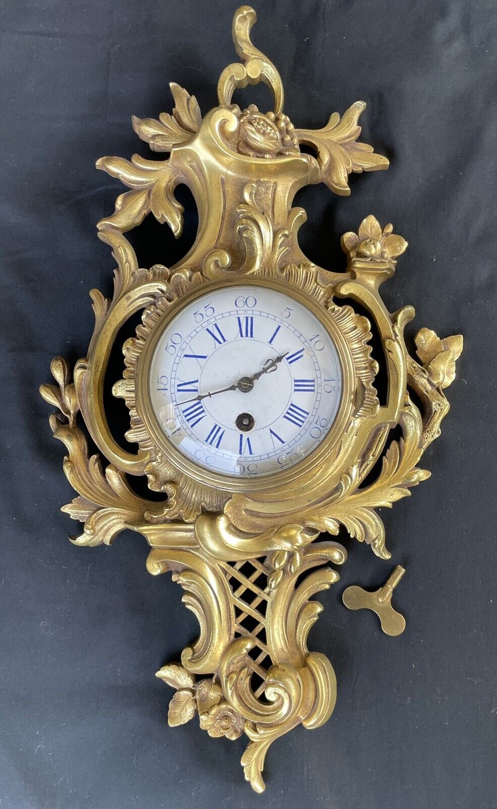 SPECTACULAR  LOUIS XV FRENCH  SOLID GILDED BRONZE’’ CARTEL’’ WALL CLOCK W/KEY