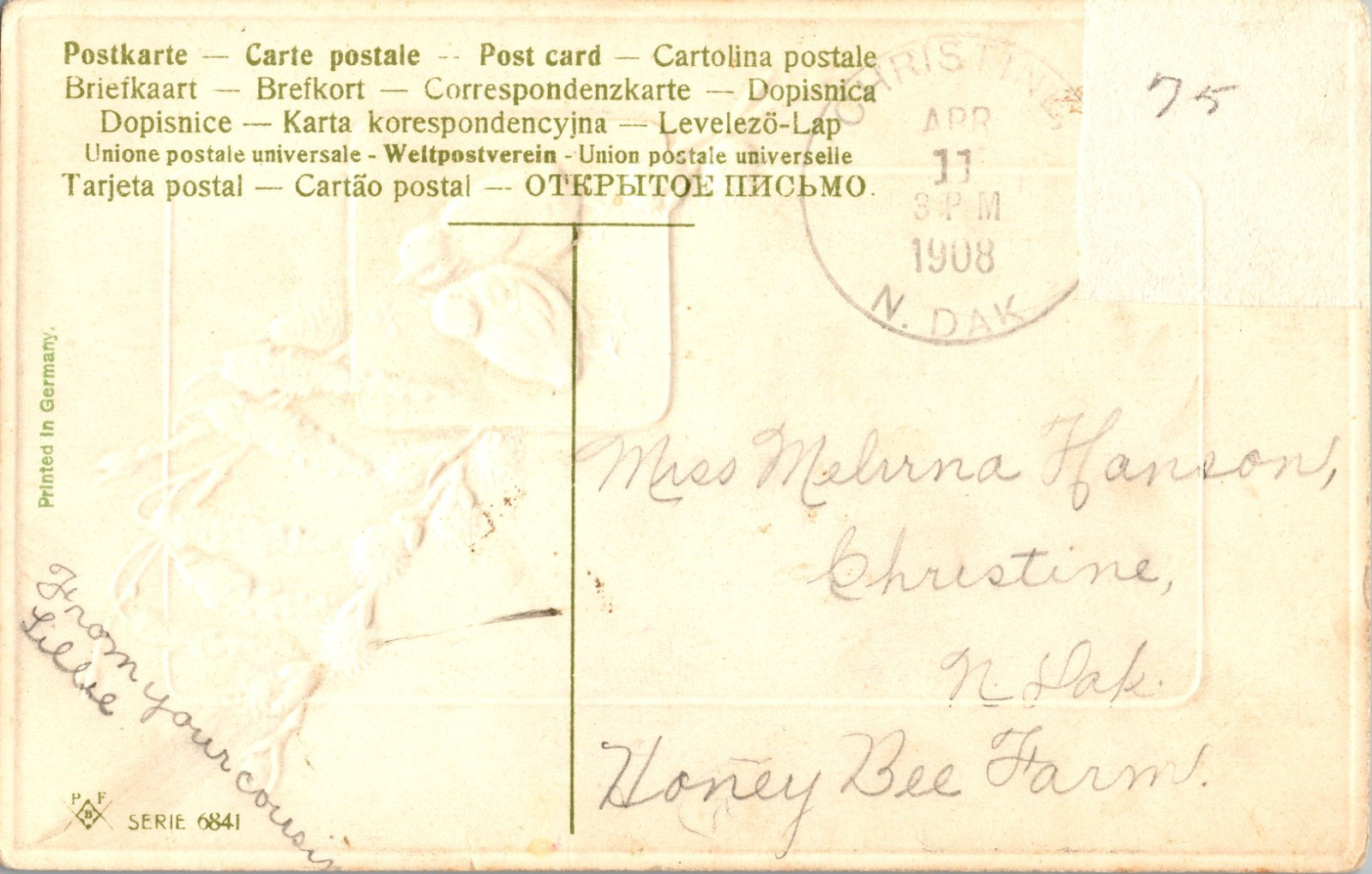 1908 Christine North Dakota Cancel Easter Chicks PFB Postcard Postal History