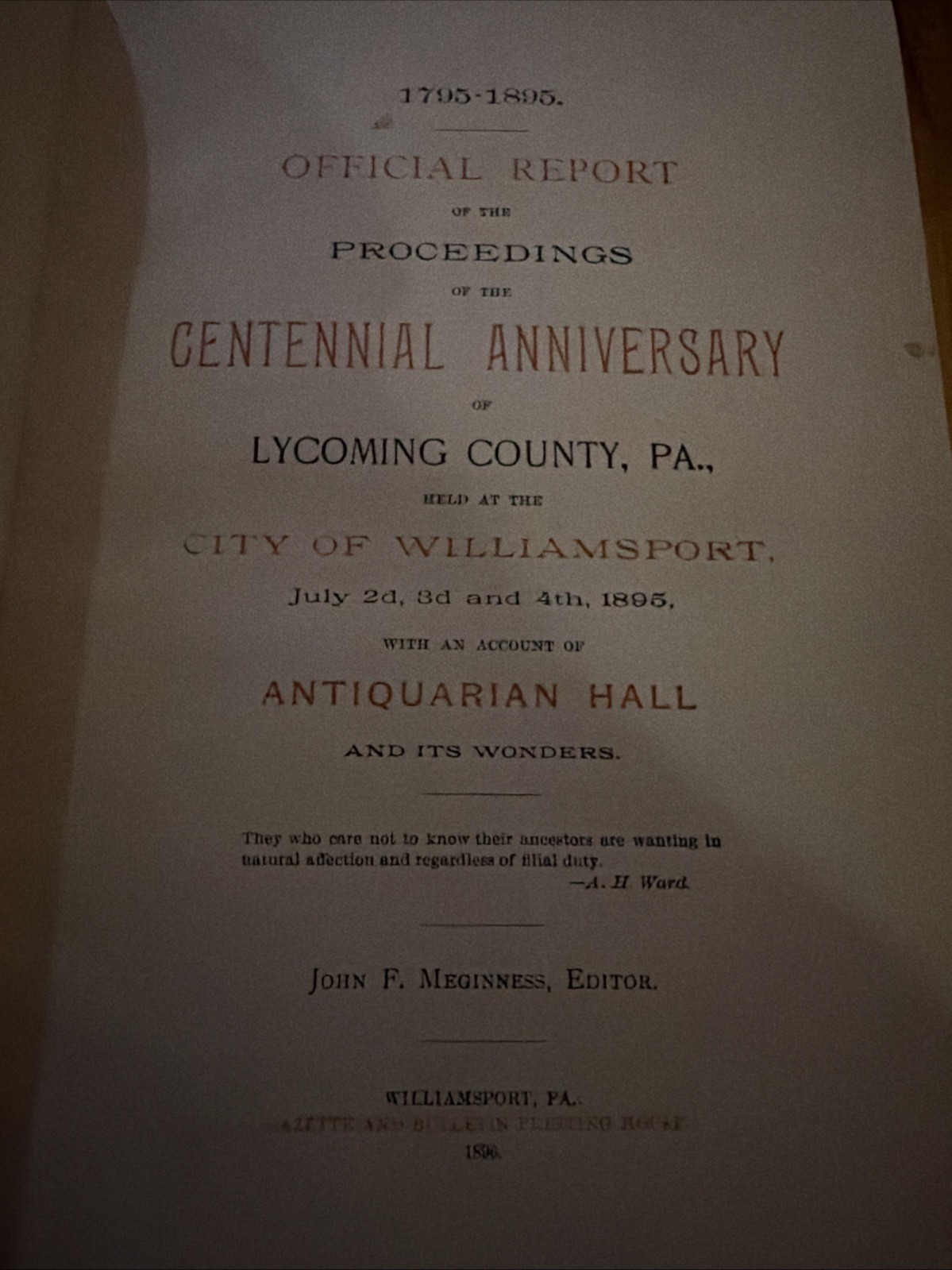 1795-1895 Official Report Of The Proceedings Of Centennial Ann Of Lycoming Co