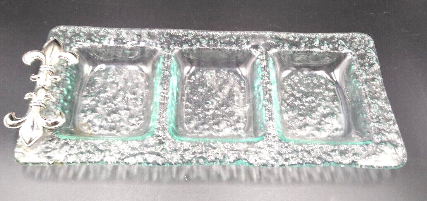 Green Textured Tinted Glass  3 Compartment Relish Dish Fleur De Lis Decor Handle