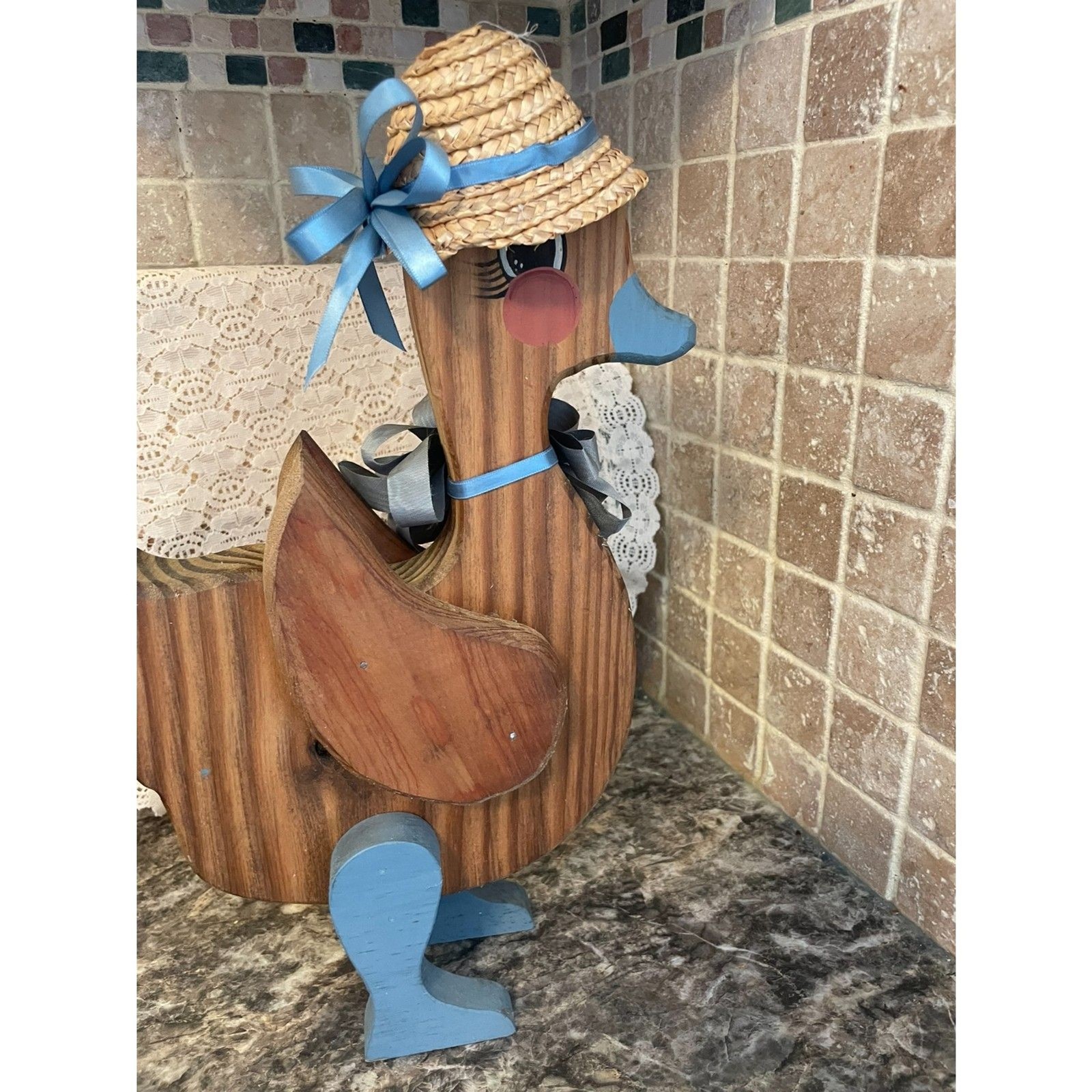 Vintage Handcrafted Wood Country Goose Figurine with Straw Hat & Blue Bow