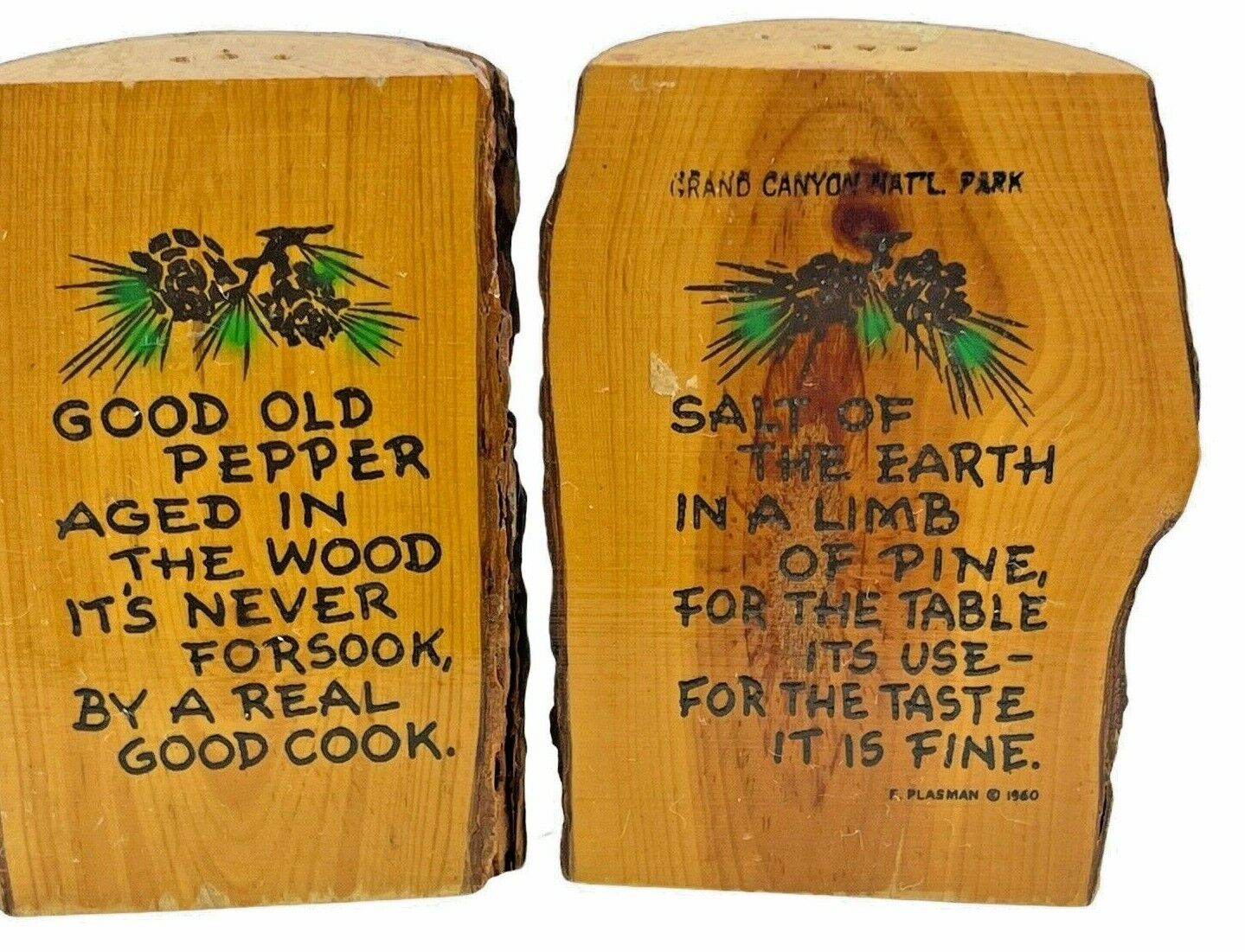 Vintage Wood Tree Stump Salt of Earth Good Old Pepper Salt and Pepper Shakers