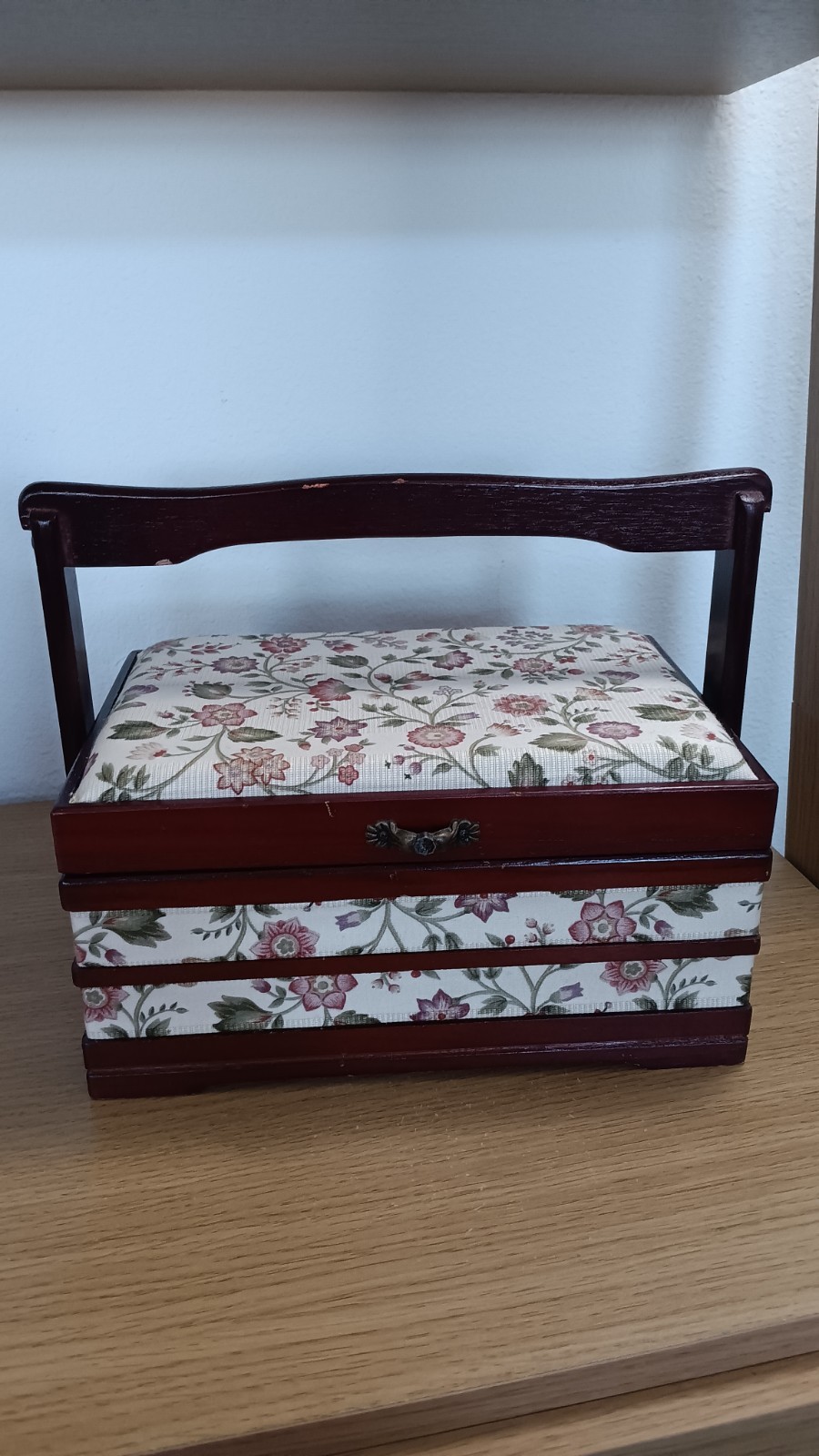 Vintage Wood Cloth Sewing Basket Velvet Lined