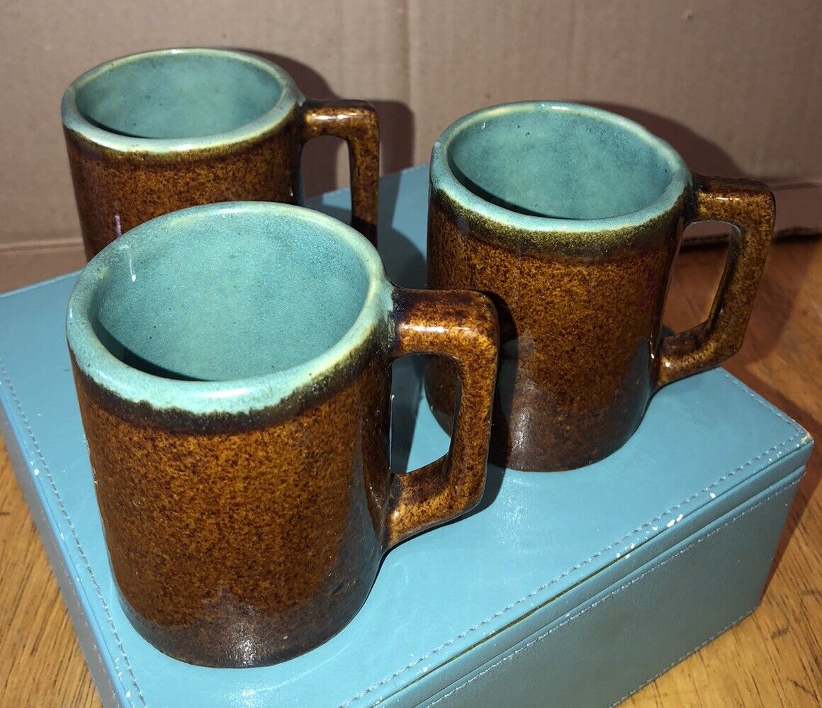 VINTAGE 3 Small Coffee Great For Espresso Mugs Brown And Green Artisan Pottery ￼