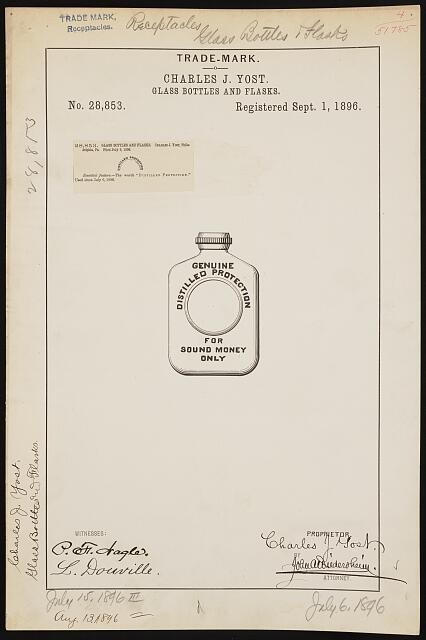 Photo:Charles J Yost 1896 Trade Mark Glass Bottle Flask Patent Design