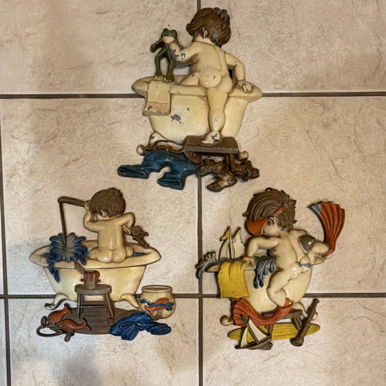 Vintage 1970s Sexton Cast Metal Bathing Boys Bathtub Wall Plaques Set of 3