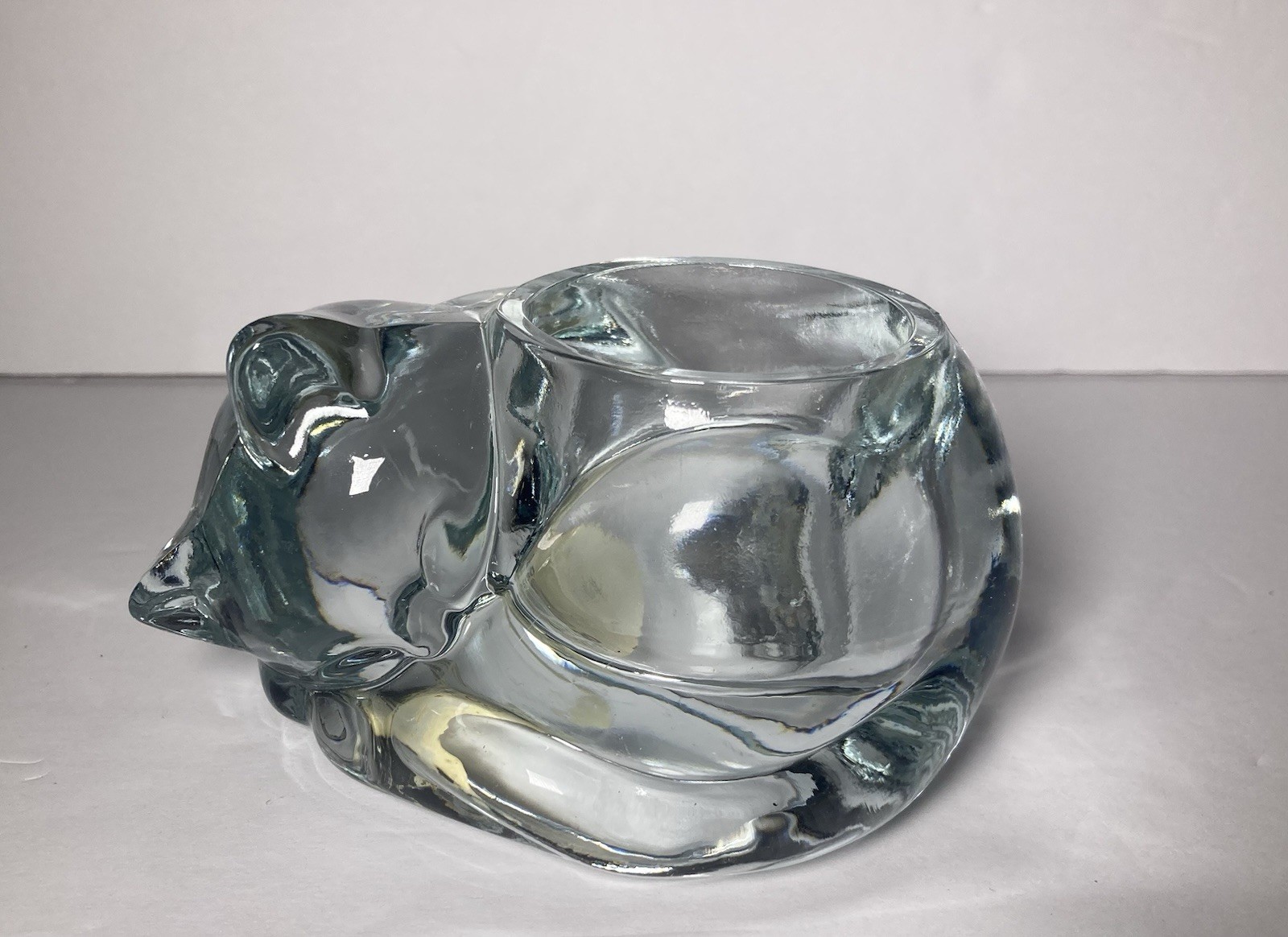 Sleeping kitty Cat votive Candle holder Clear Glass Preowned Indiana glass