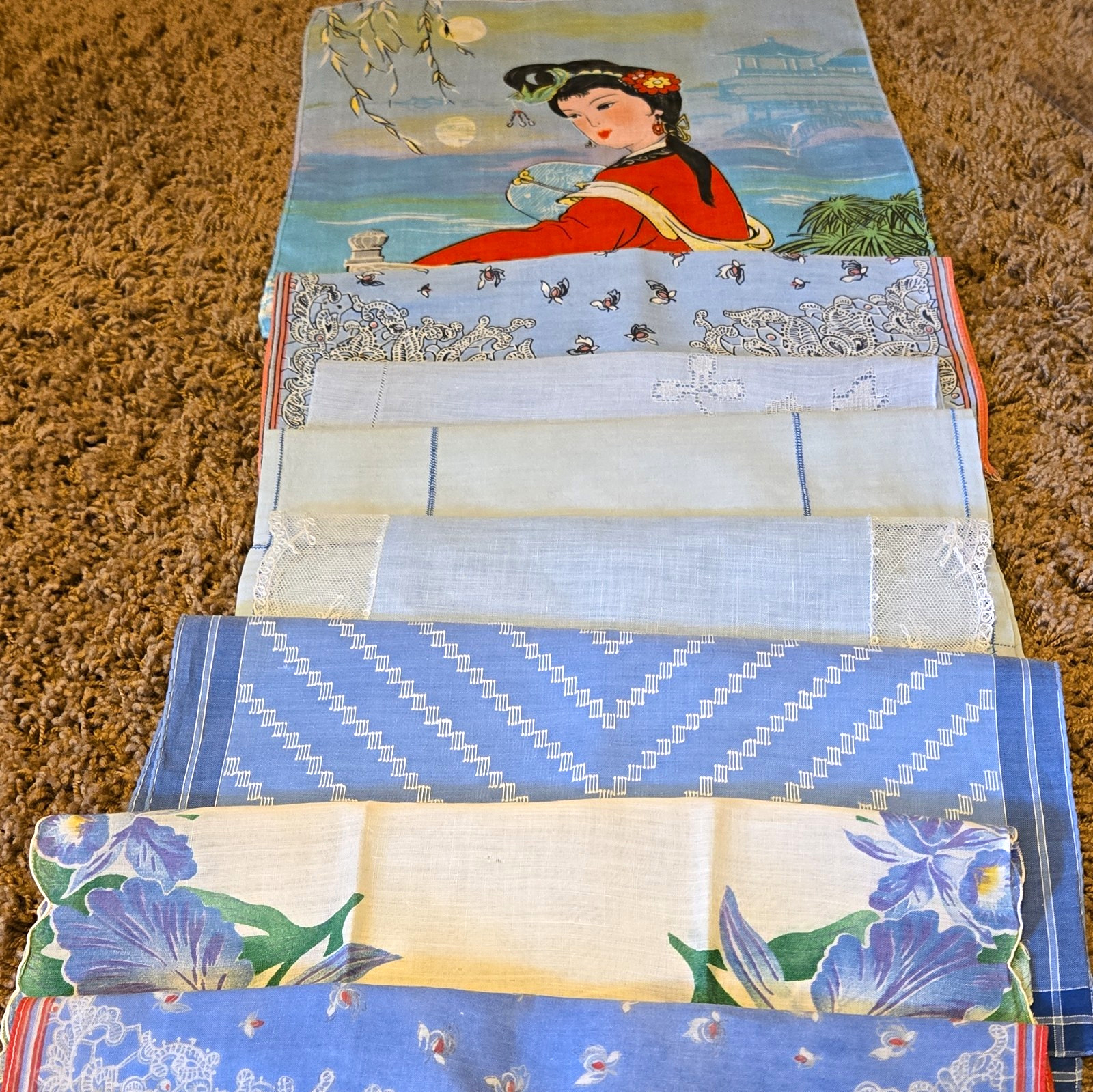 Lot of 8 Vintage Blue Handkerchiefs Floral Asian Lady Lace Embroidered Scalloped