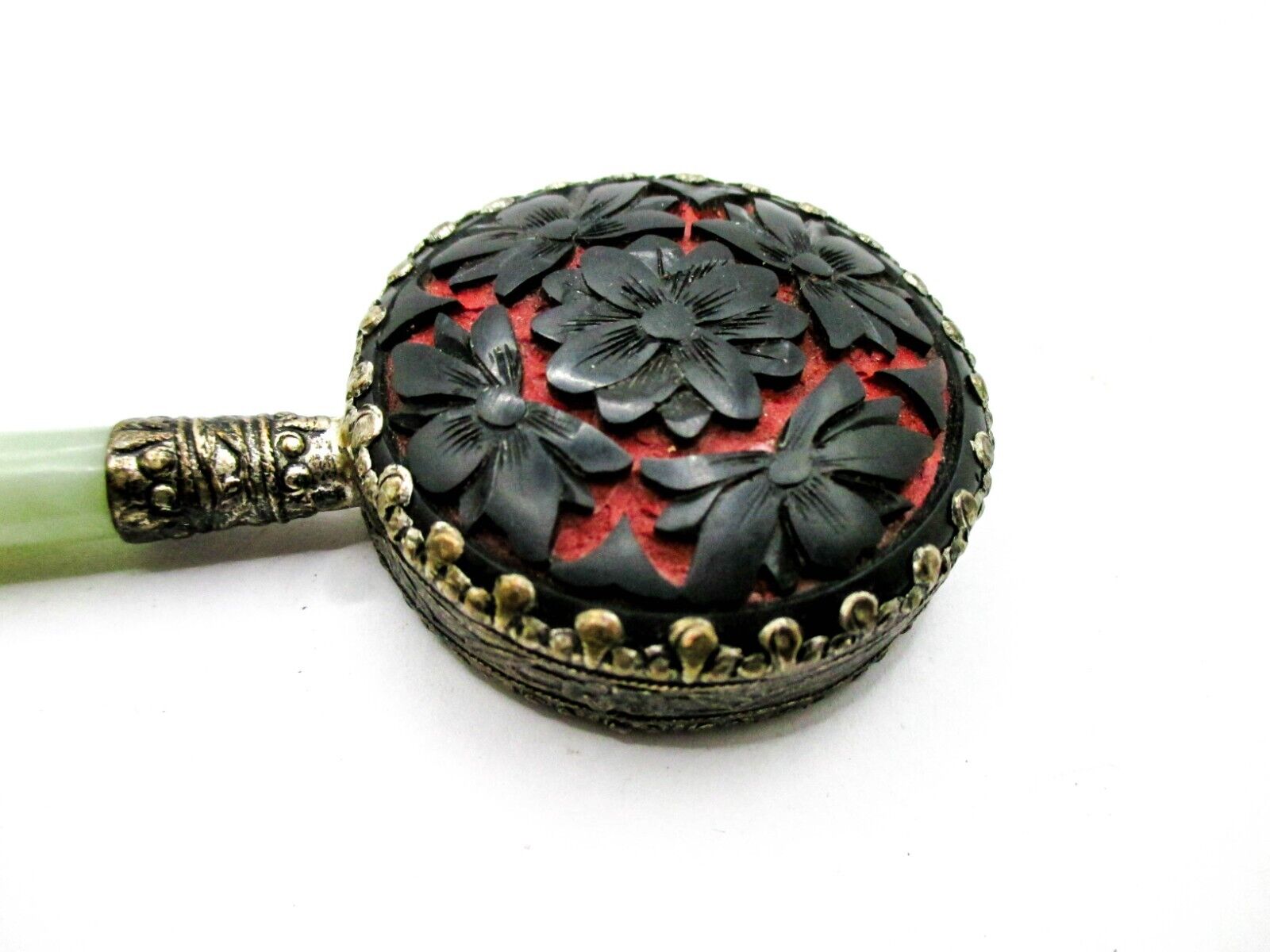 Vintage Chinese Hand Mirror Jade Style Stone Handle Red Black Silhouette Flowers