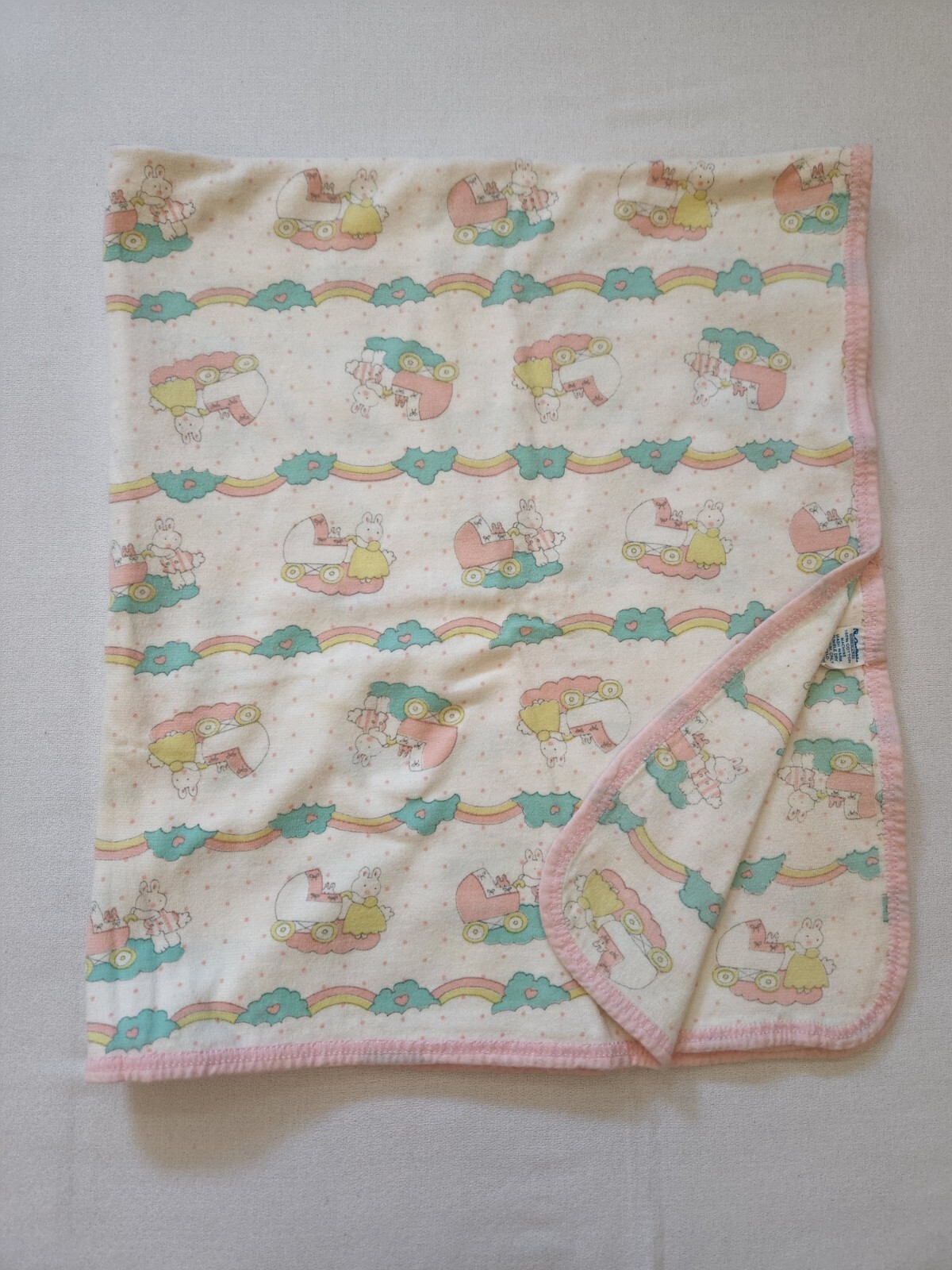VTG Carters Baby Blanket Cotton Bunny Stroller Cloud Rainbow Pink Trim Polka Dot